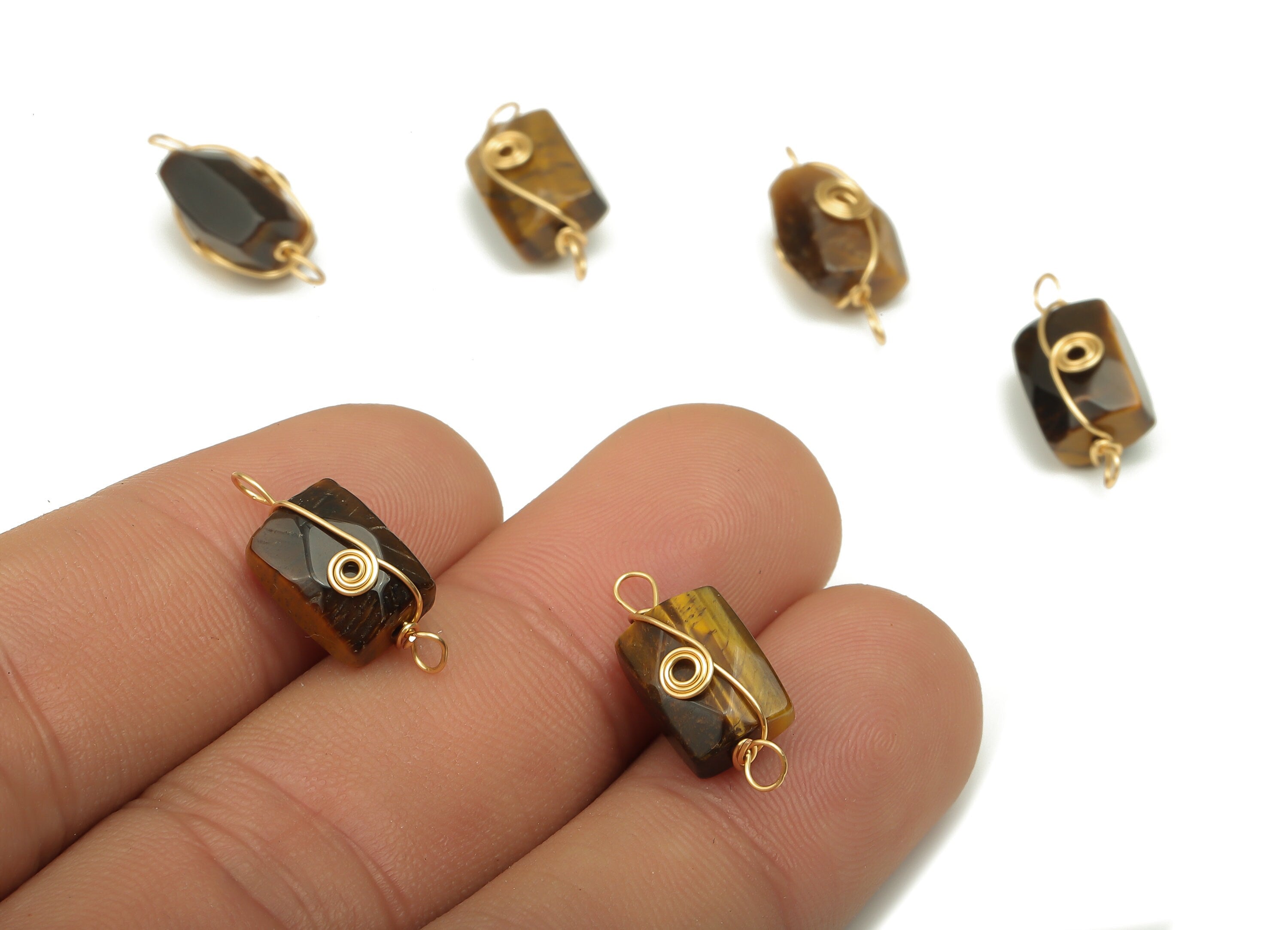 Tiger Eye Earring Connector - Brass Wire Wrapped Rectangle Pendant - Faceted Natural Stone - Gold Tone Plating - 19.85x7.4x7.01mm - NS1863B - DOMEDBAZAAR