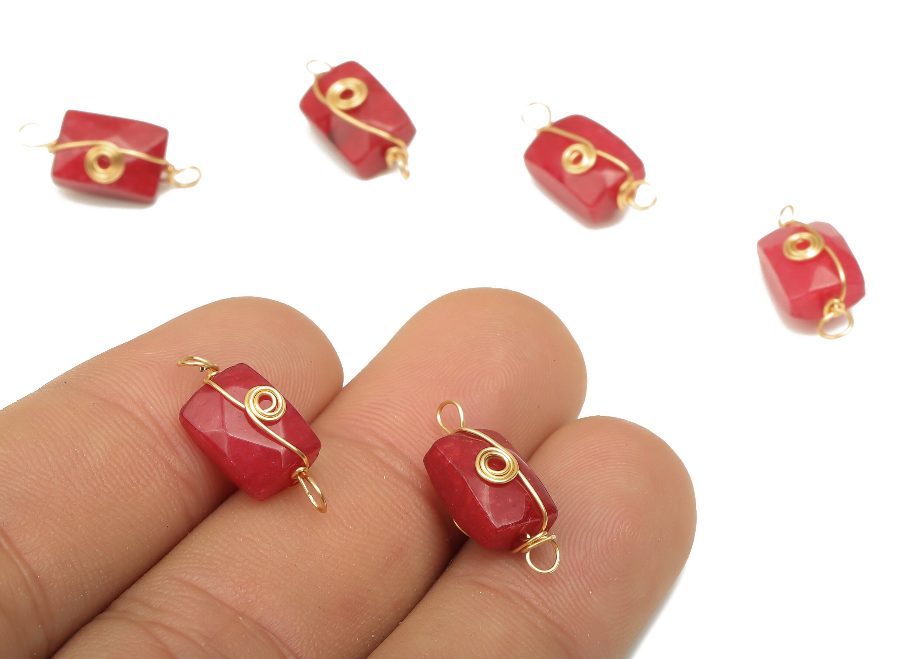 Pink Jade Earring Connector - Brass Wire Wrapped Rectangle Pendant - Faceted Natural Stone - Gold Tone Plating - 19.85x7.44x7.01mm - NS1863C - DOMEDBAZAAR