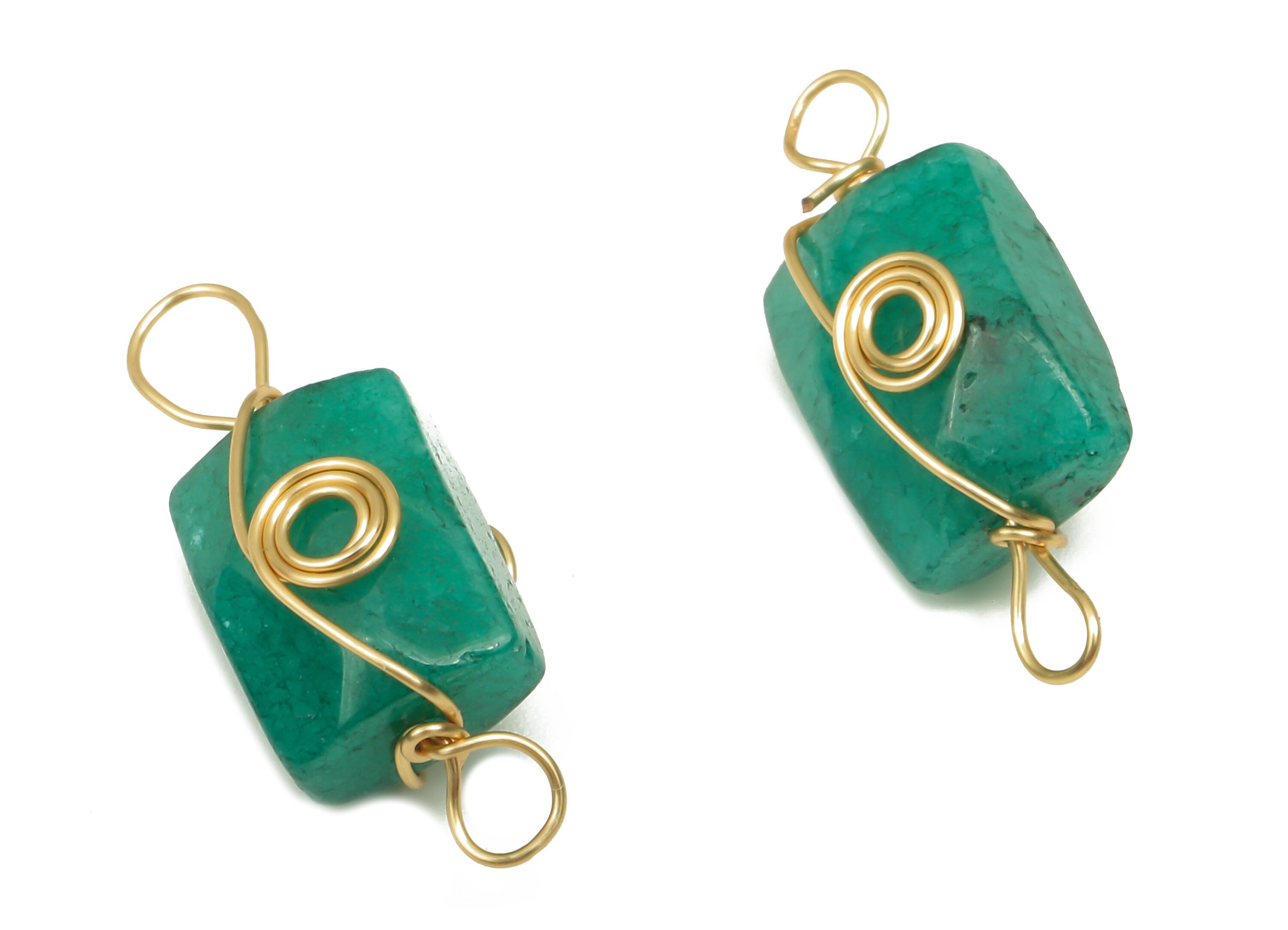 Green Jade Earring Connector - Brass Wire Wrapped Rectangle Pendant - Faceted Natural Stone - Gold Tone Plating - 19.9x7.44x7.01mm - NS1863D - DOMEDBAZAAR