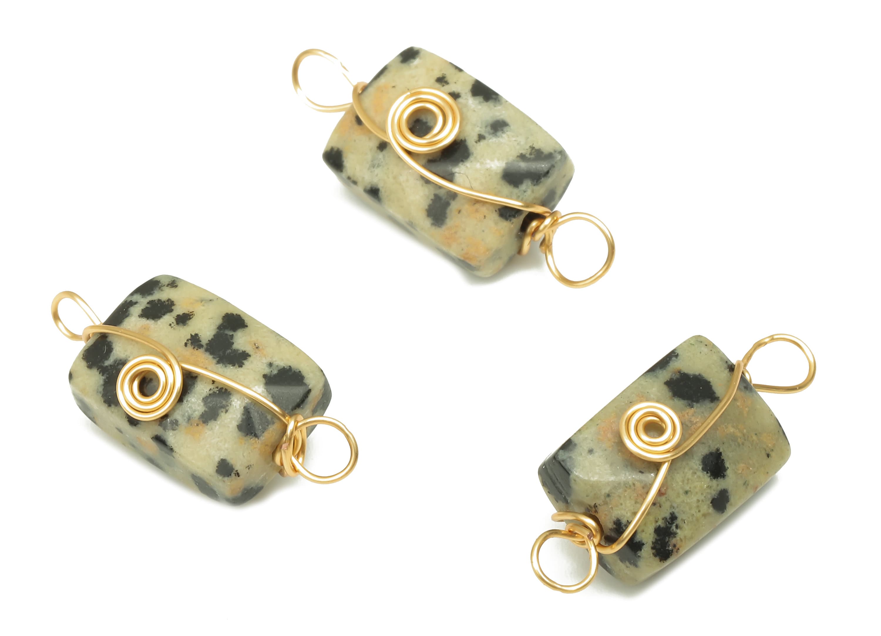 Dalmatian Earring Connector - Brass Wire Wrapped Rectangle Pendant - Faceted Natural Stone - Gold Tone Plating - 19.85x7.44x7.01mm - NS1863L - DOMEDBAZAAR