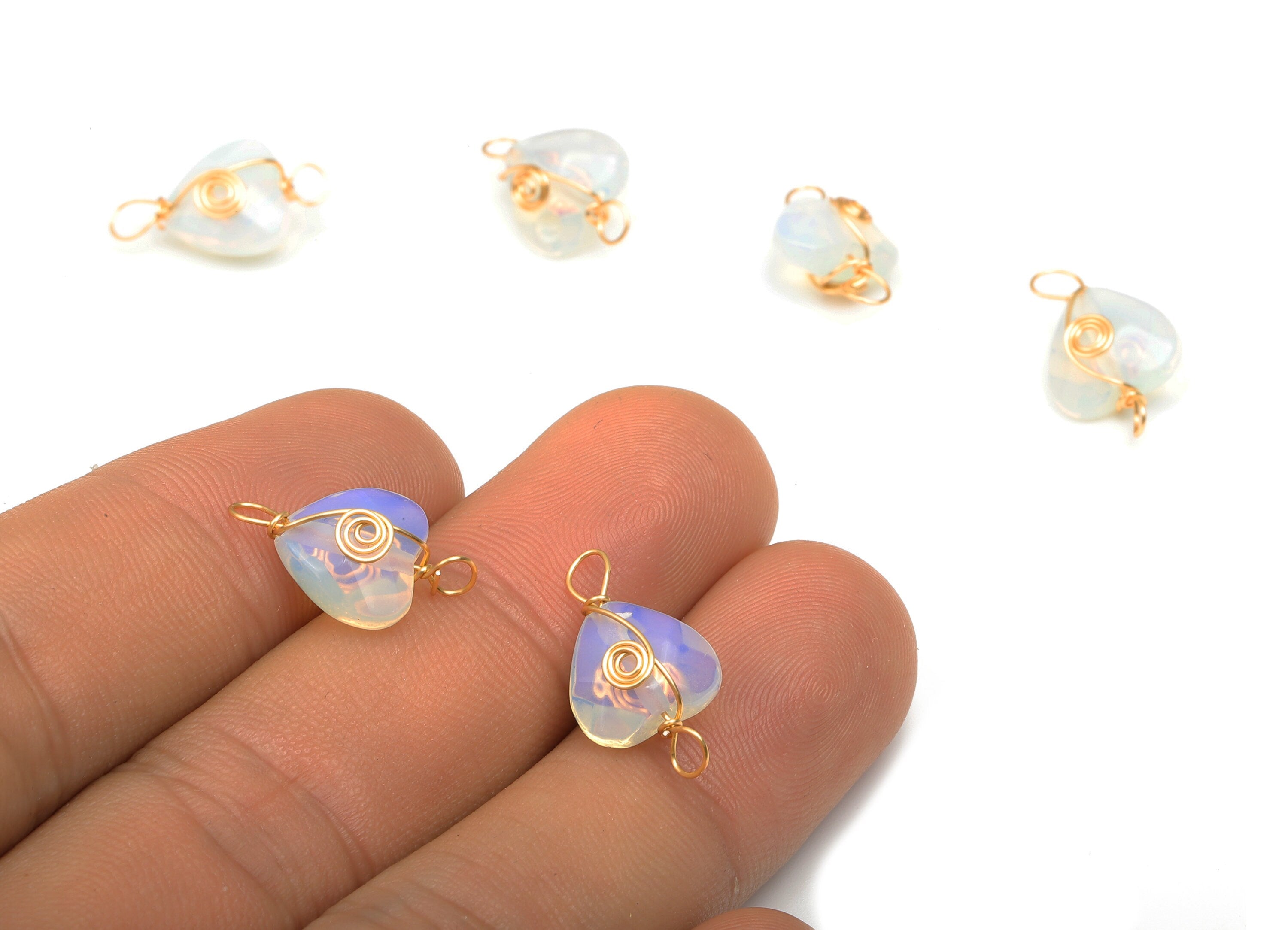 Opal Heart Earring Connector - Brass Wire Wrapped Heart Pendant - Faceted Natural Stone - Gold Tone Plating - 17.22x10.38x6.1mm - NS1864A - DOMEDBAZAAR
