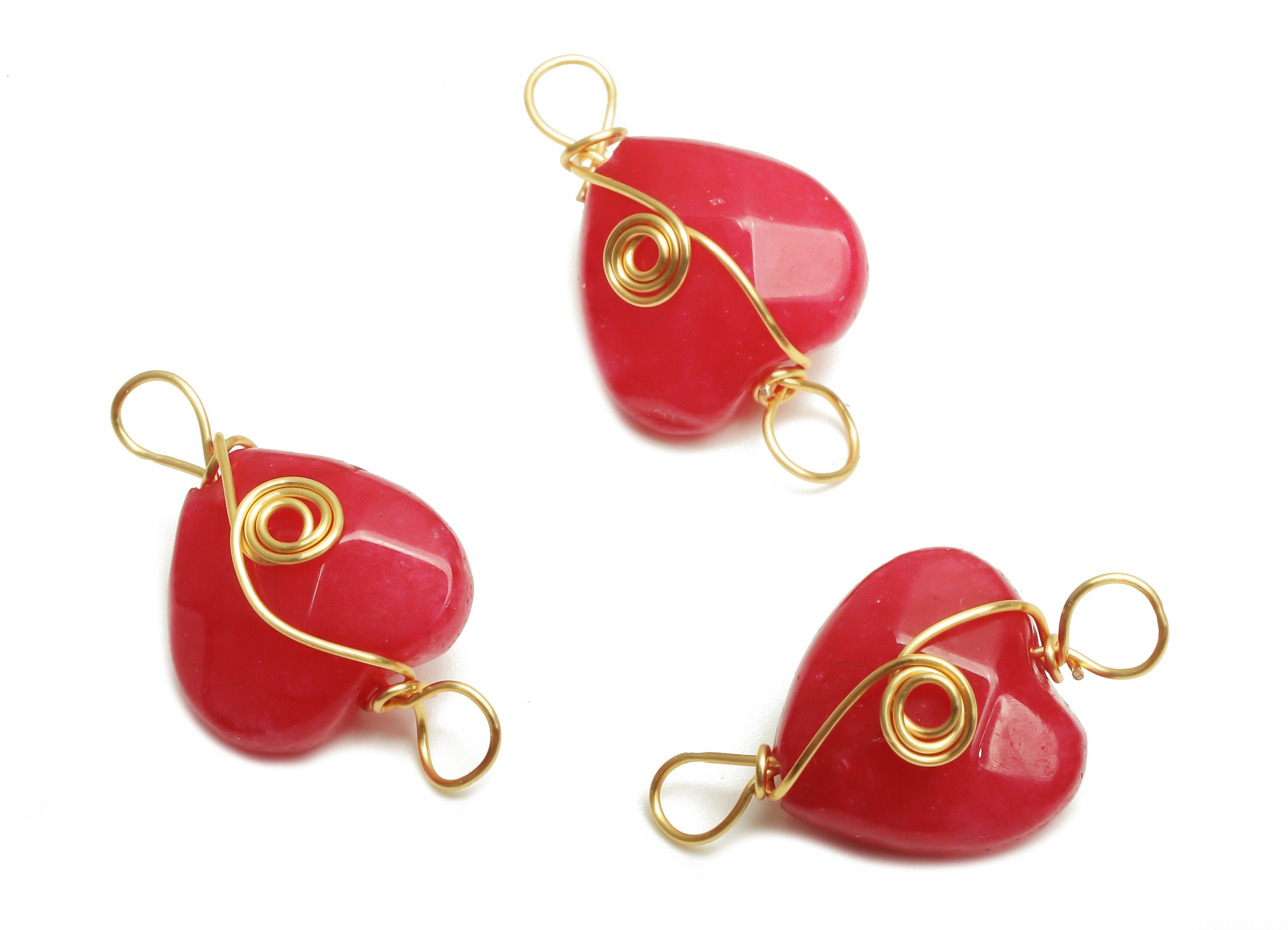 Pink Jade Heart Earring Connector - Brass Wire Wrapped Pendant - Faceted Natural Stone - Gold Tone Plating - 17.22x10.38x6.1mm - NS1864B - DOMEDBAZAAR
