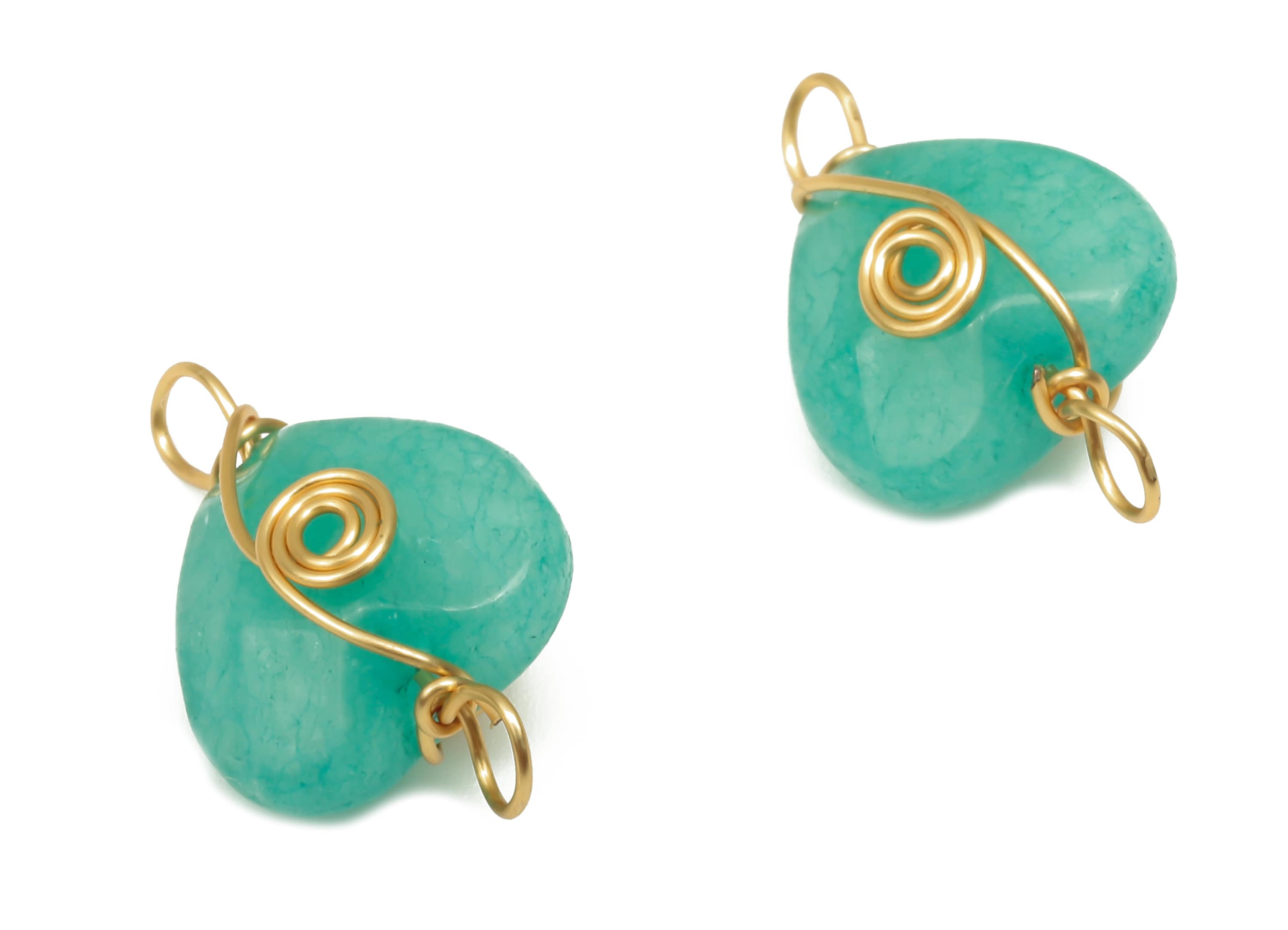 Green Jade Heart Earring Connector - Brass Wire Wrapped Pendant - Faceted Natural Stone - Gold Tone Plating - 17.22x10.38x6.1mm - NS1864D - DOMEDBAZAAR
