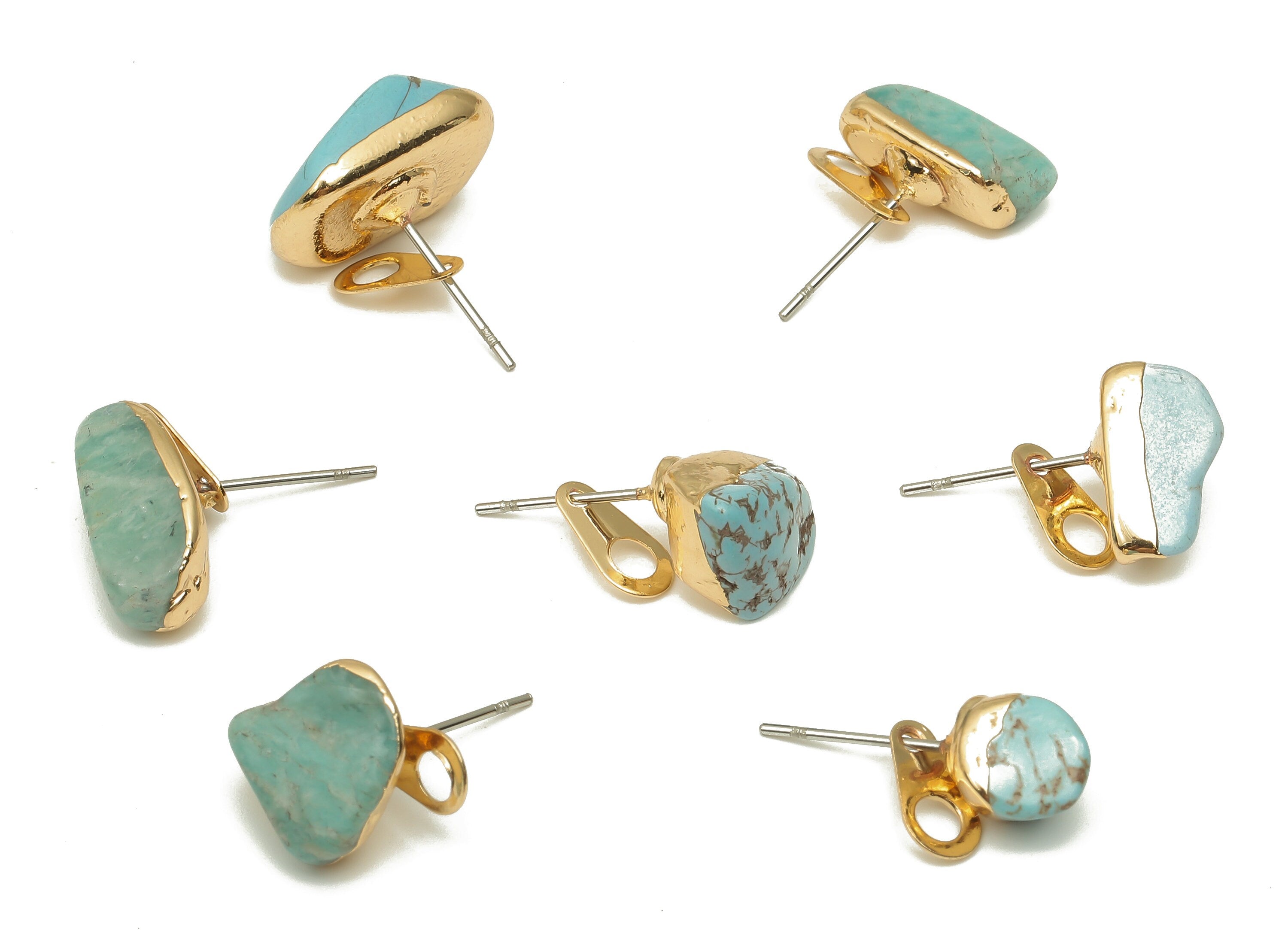 Turquoise Stud Earrings - Natural Stone Earring Posts With Loop - Gold Plated Stone - 316 Surgical Stainless Steel - 13.1x9.8x8.6mm-NS1762YS - DOMEDBAZAAR