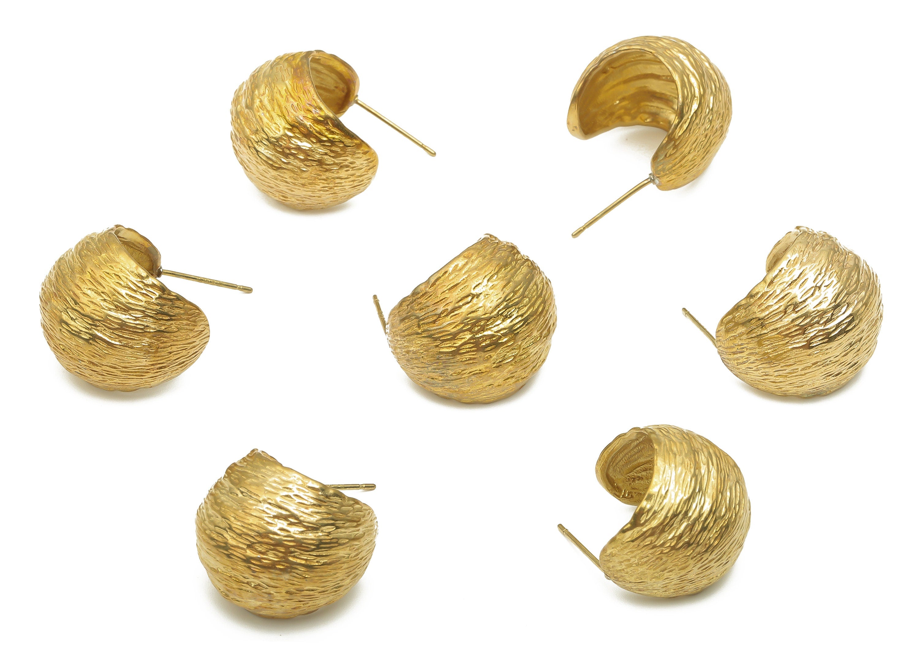 Brass Texture C Earring Studs - Raw Brass C Earring Post - Open Hoop Stud - Thick Basket Hoop - 925 Silver Stud - 19.2x16.95x0.95mm - PP7860 - DOMEDBAZAAR