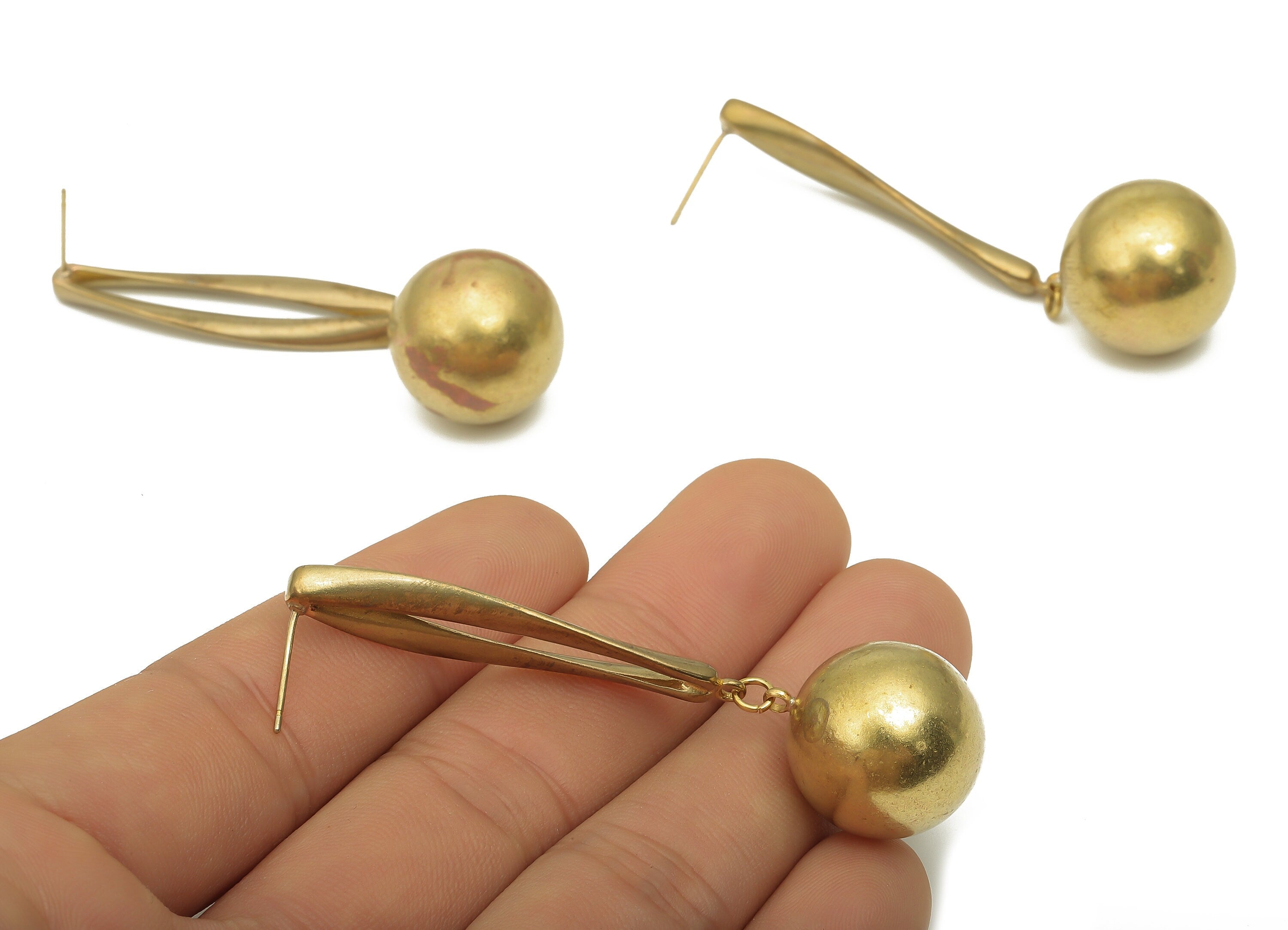 Brass Earring Stud - Raw Brass Round Huge Hanging Ball Earring Stud - Marquise Dangly Earring - 925 Silver Stud - 64.9x18x1.88mm - PP7870 - DOMEDBAZAAR