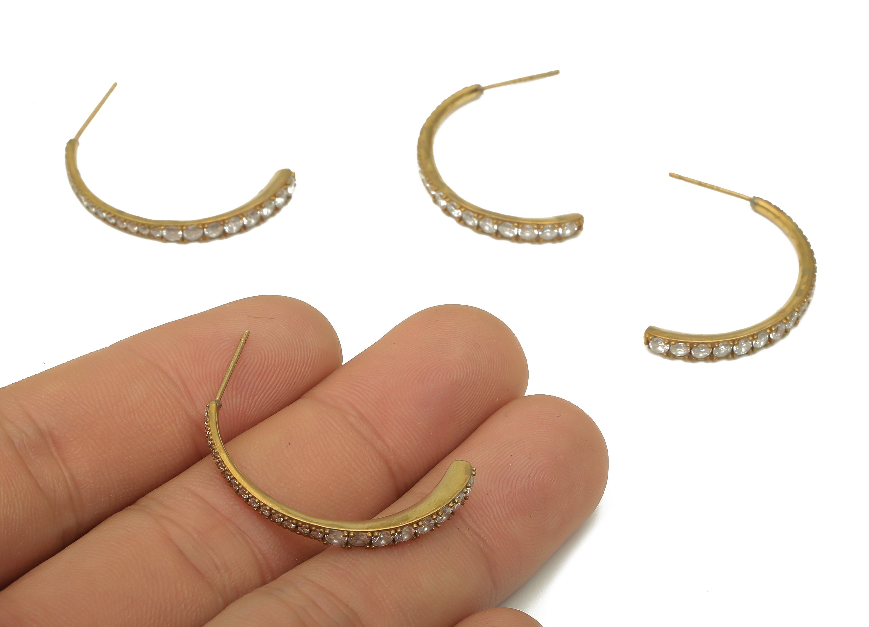 Brass C Earring Wire - Raw Brass Curved Earring Post - Crescent Earring Stud Zircon - 925 Silver Stud - 31.8x3.37x3.34mm - PP7873 - DOMEDBAZAAR