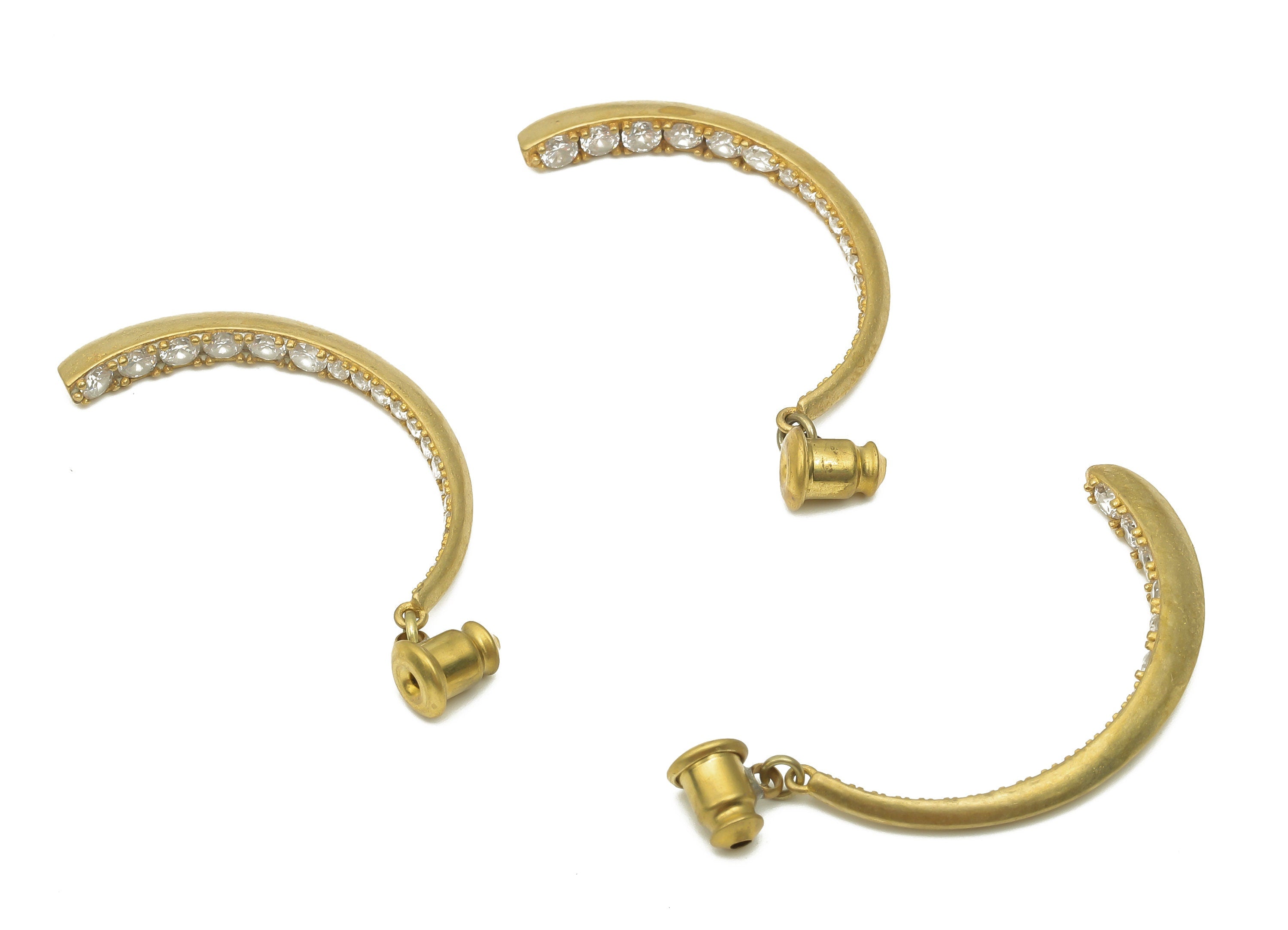 Brass C Crescent Earring - Raw Brass Earring with Stopper - Crescent Earring Back Zircon - 38.52x3.81x3.26mm - PP7874 - DOMEDBAZAAR