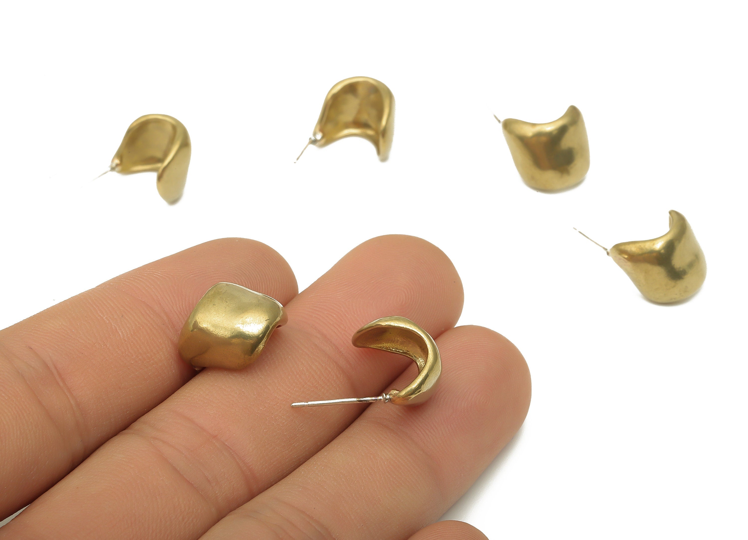 Brass Crescent Earring Studs - Raw Brass C Earrings Post - Open Thick Hoop Stud - 925 Silver Stud - 12.14x10.26x2.3mm - PP7878 - DOMEDBAZAAR