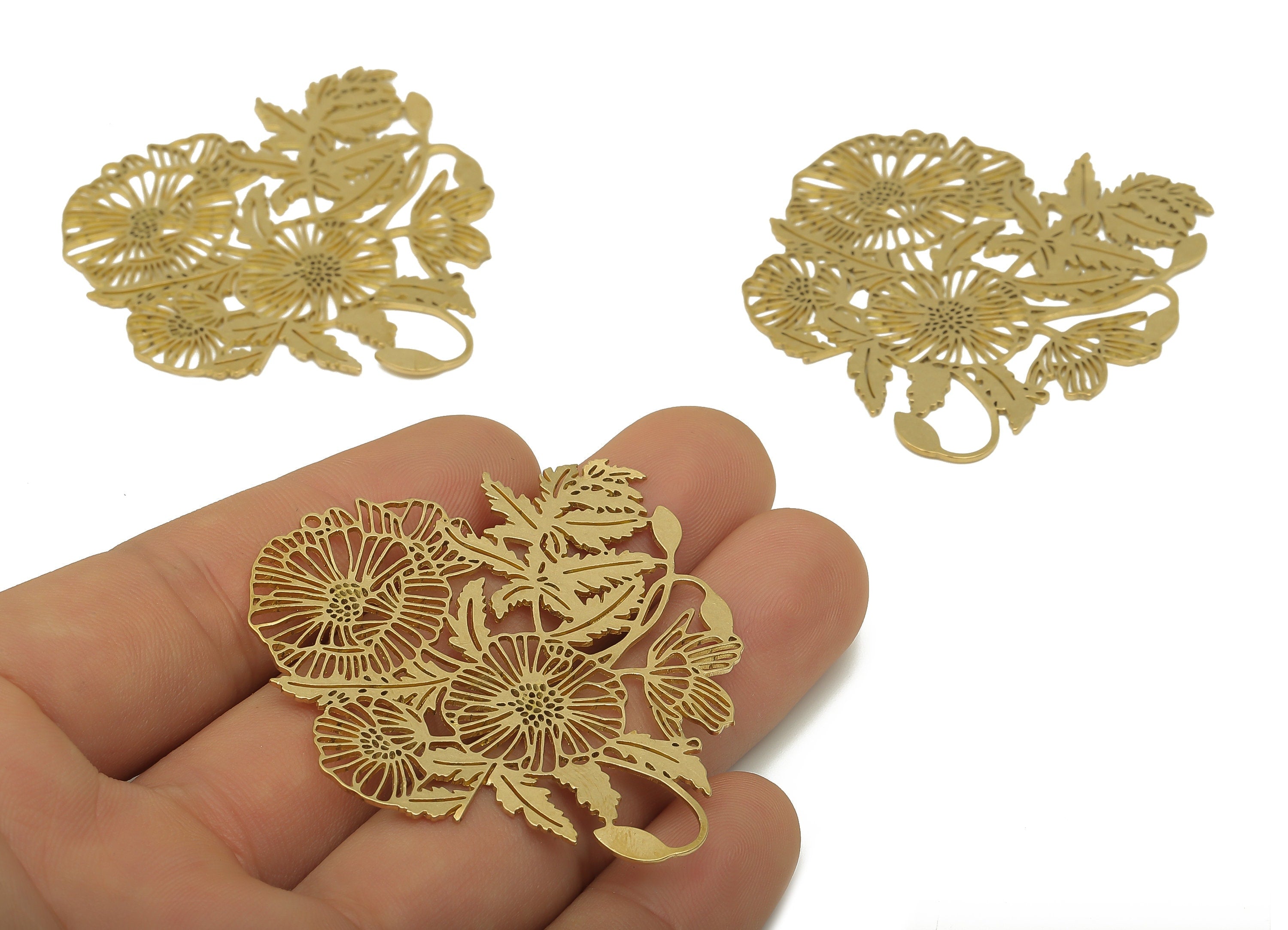 Brass Flower Earrings Charms - Raw Brass Filigree Flower Botanic Cutout Charms - Laser Cut Jewelry - 52.63x49.17x0.64mm - PP7887 - DOMEDBAZAAR