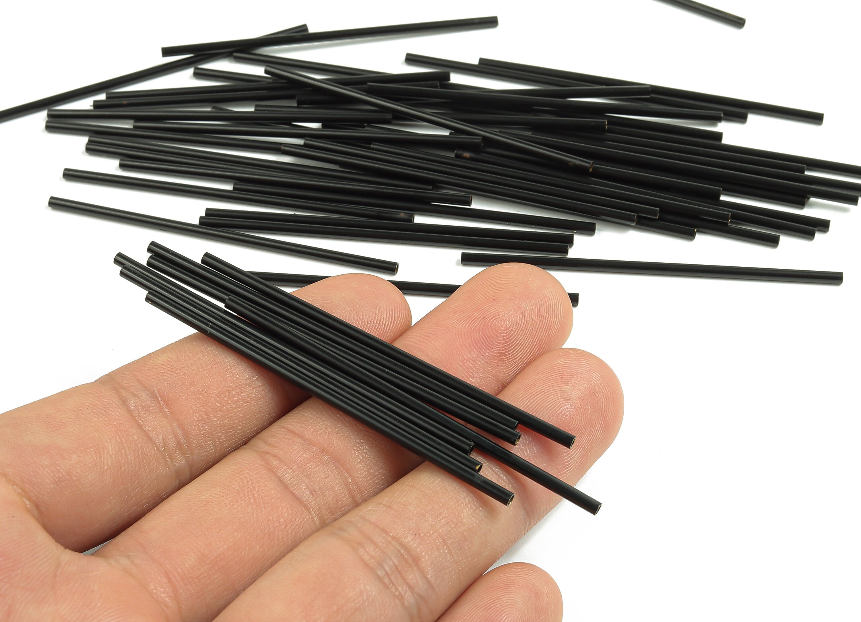 Matte Black Himmeli Tubes - Raw Brass Round Himmeli DIY Tube Beads - Circle Pipes for Geometric - For Air Plants - 2x0.2x60mm- PP4568B-60 - DOMEDBAZAAR