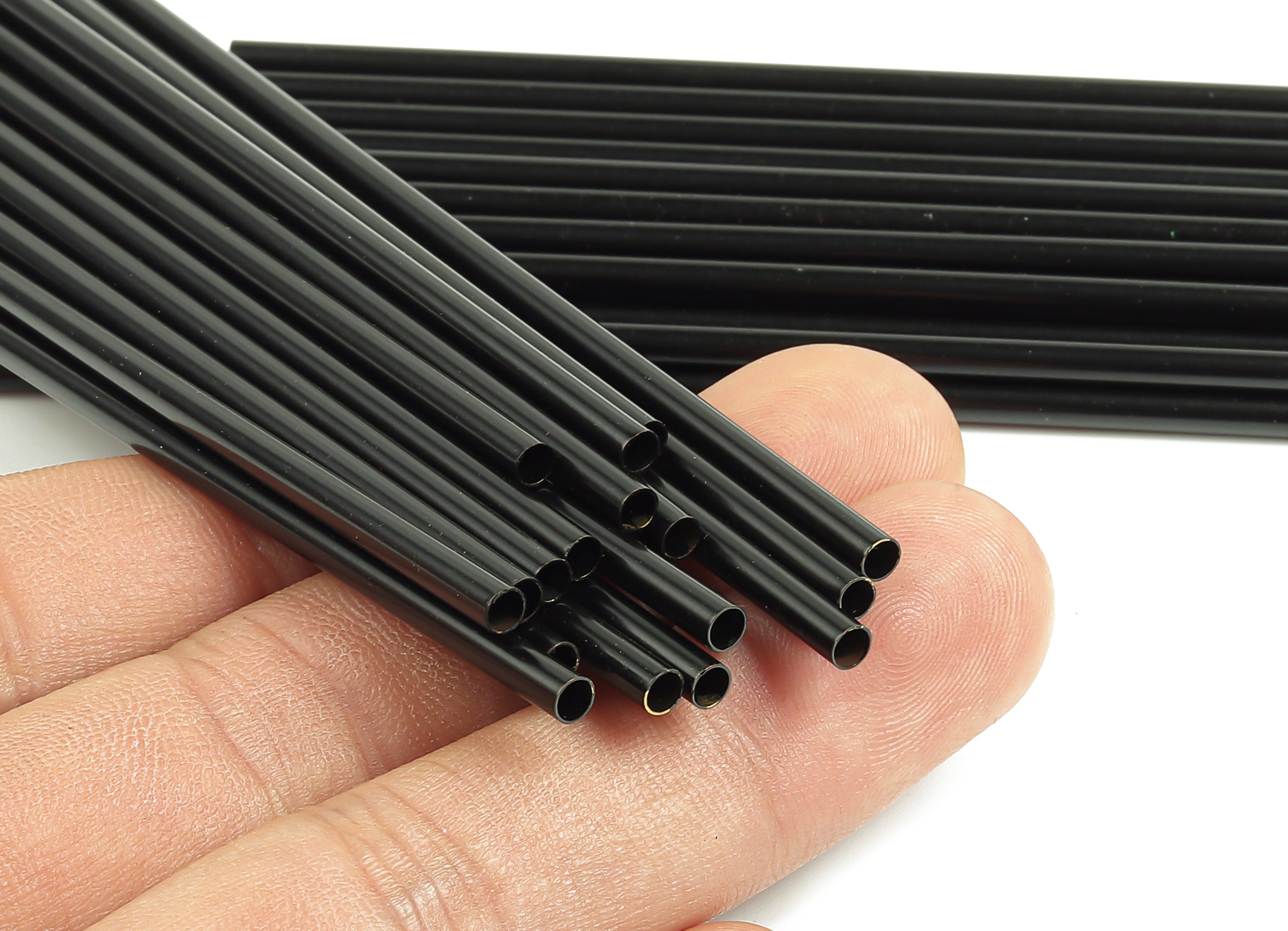 Matte Black Himmeli Tubes - Raw Brass Round Himmeli DIY Tube Beads - Circle Pipes for Geometric - For Air Plants -3x0.2x110mm- PP4570B-110 - DOMEDBAZAAR
