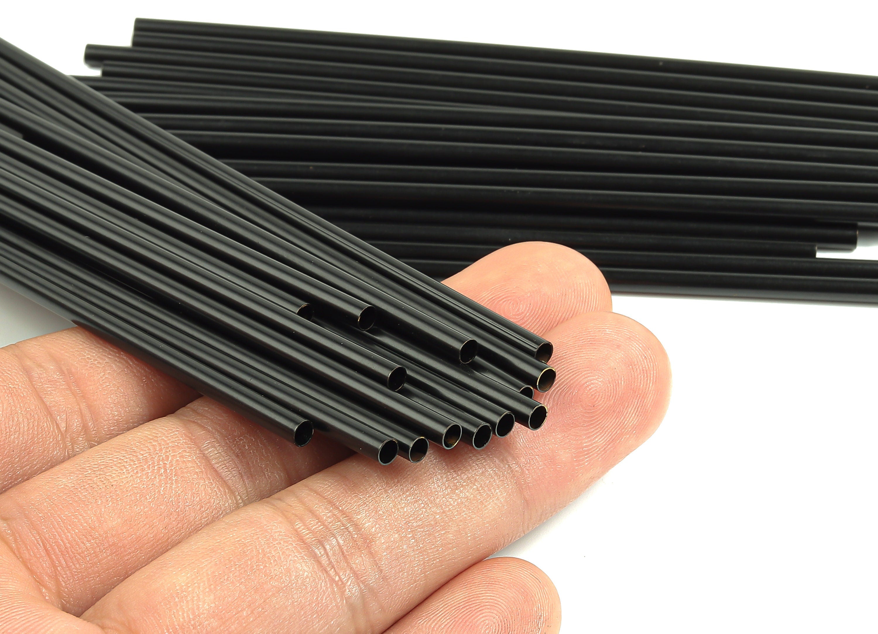 Matte Black Himmeli Tubes - Raw Brass Round Himmeli DIY Tube Beads - Circle Pipes for Geometric - For Air Plants -3x0.2x120mm- PP4570B-120 - DOMEDBAZAAR