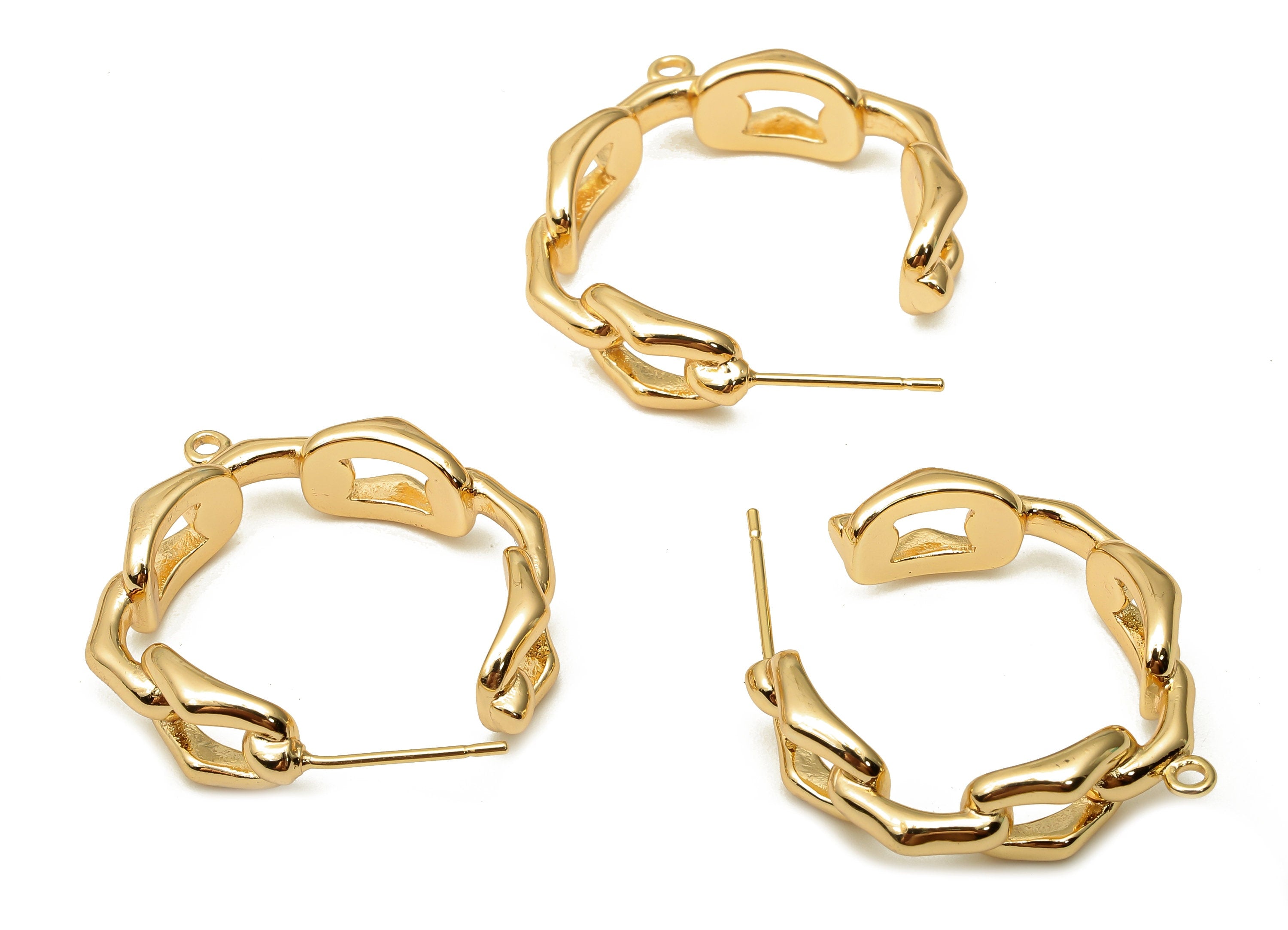 Brass Round Earring Stud - Gold Chain Earring Hoop with Loop - Stainless Steel Stud - 18K Real Gold Plating - 26.94x24.83x2.7mm - RGP5050 - DOMEDBAZAAR