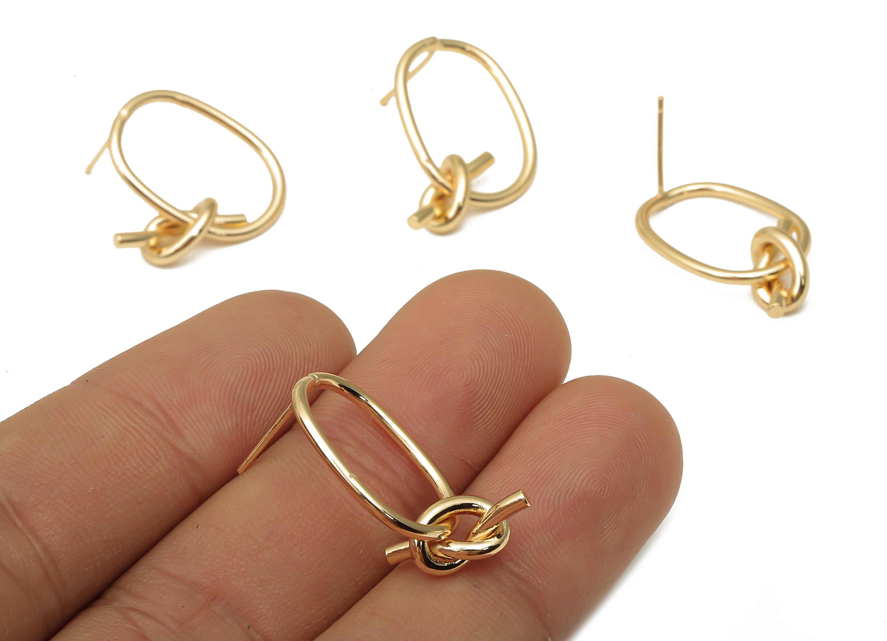 Brass Oval Earring Posts - Gold Knot Oval Earring - Brass Oval Stud With Knot - 18K Real Gold Plated Brass - 25.8x15x1.45mm - RGP5053 - DOMEDBAZAAR
