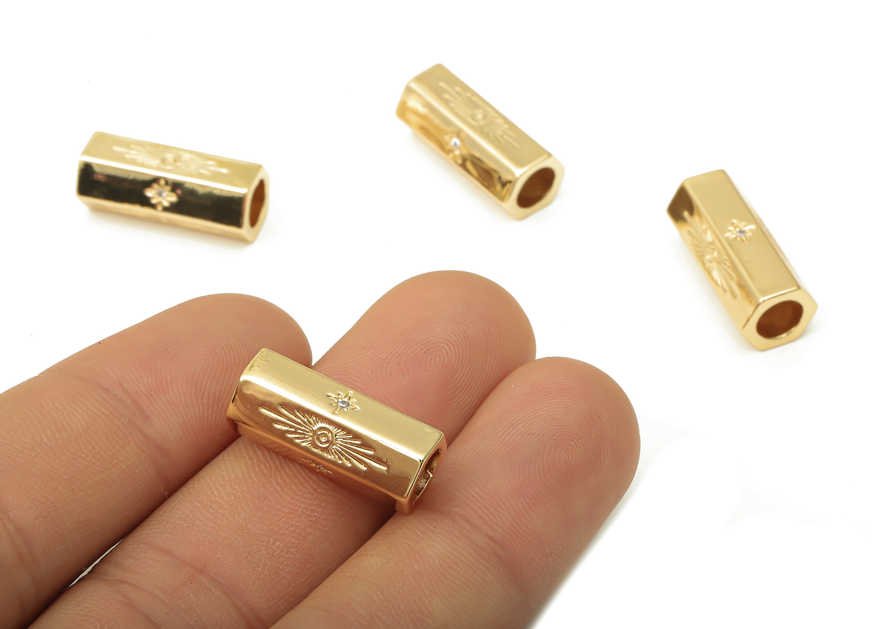 Brass Bead Earrings - Hexagon Tube Sun Bead Earring with Zircon - Geometric Bracelet Bead - 18K Real Gold Plating - 19.72x8x8mm - RGP5054 - DOMEDBAZAAR