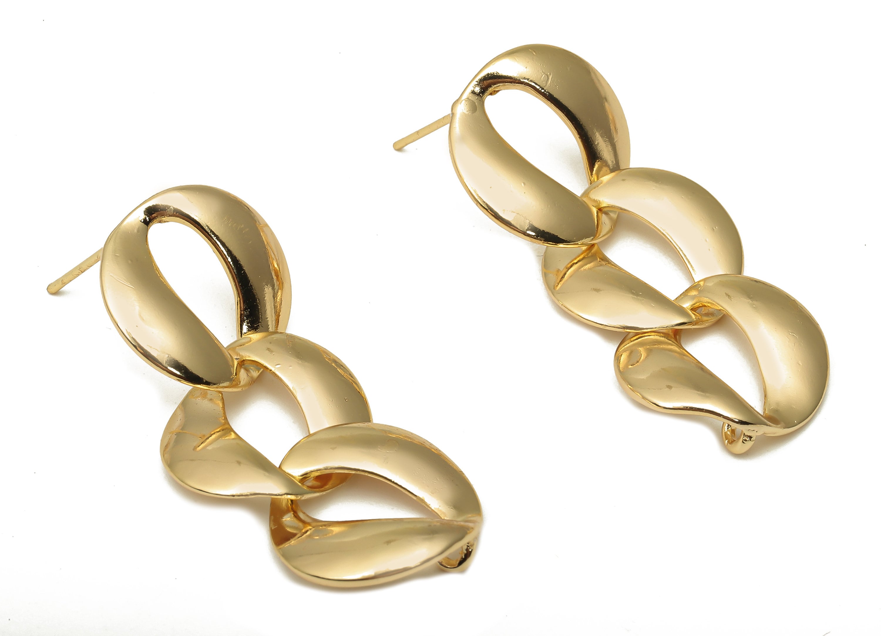 Brass Chain Earrings Stud - Stainless Steel Stud - 18K Real Gold Plated Brass - Hanging Chain Earring Post - 39.45x16.94x1.55mm - RGP5058 - DOMEDBAZAAR