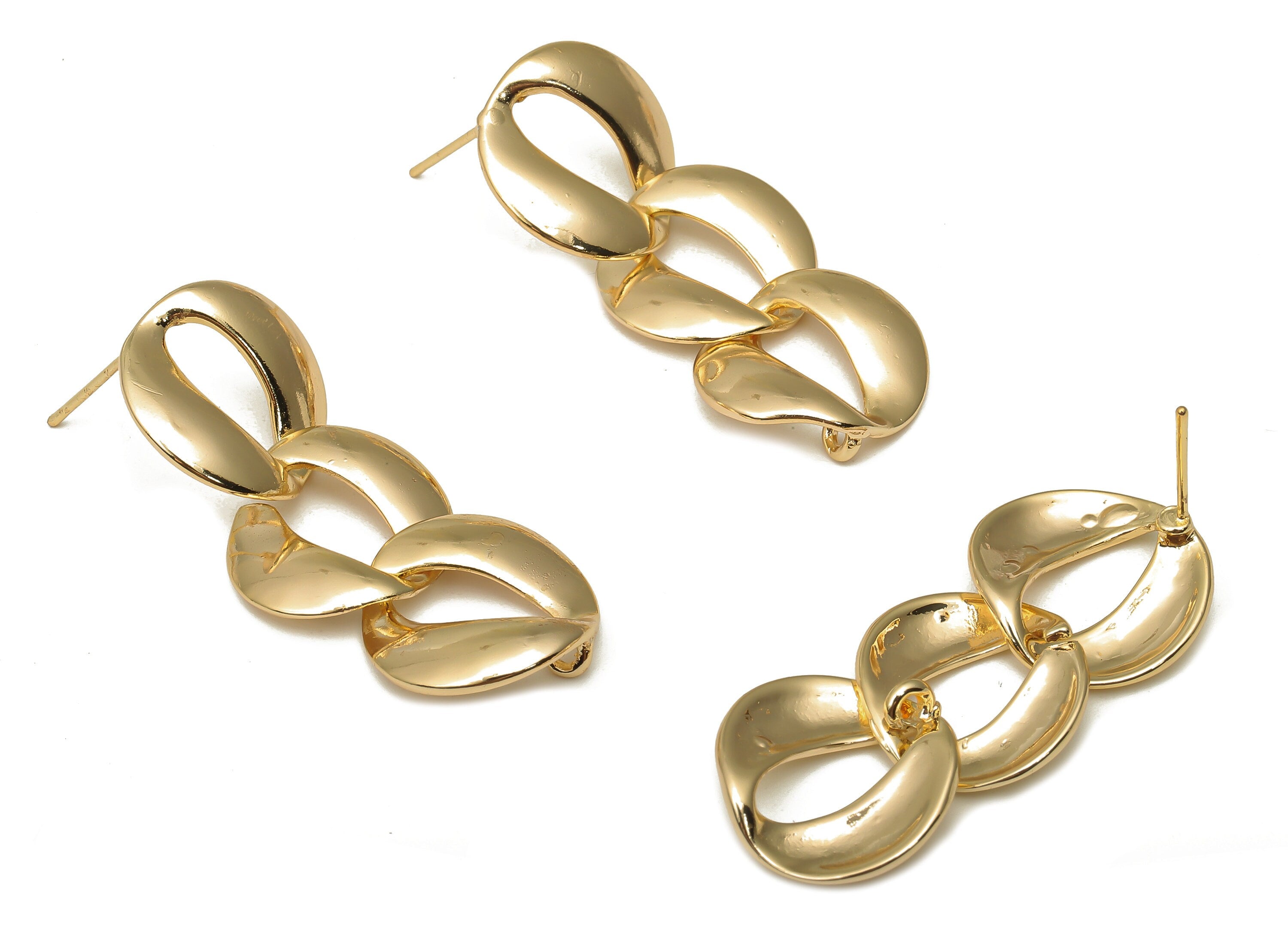 Brass Chain Earrings Stud - Stainless Steel Stud - 18K Real Gold Plated Brass - Hanging Chain Earring Post - 39.45x16.94x1.55mm - RGP5058 - DOMEDBAZAAR