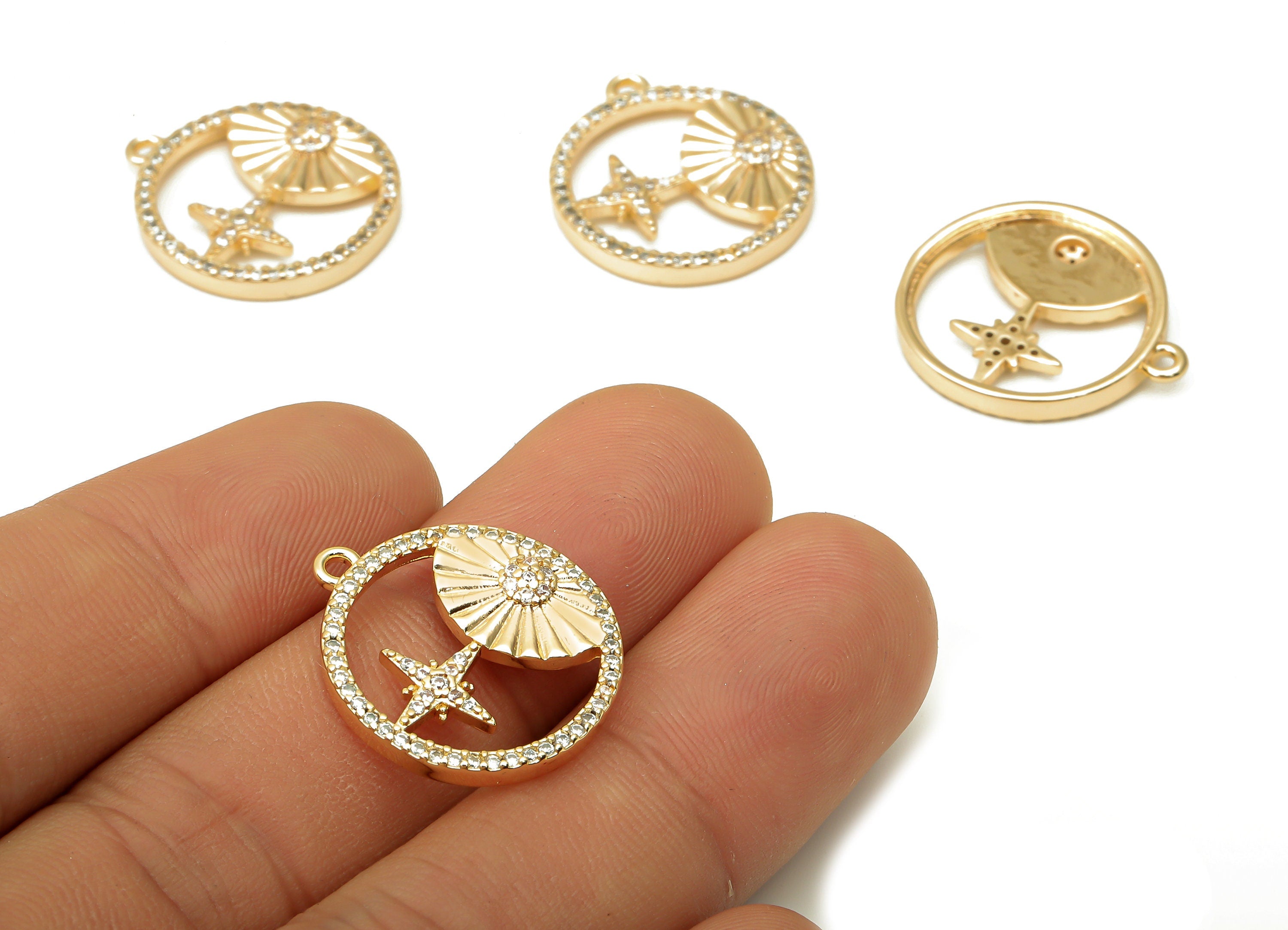 Brass Round Earrings With Zircon - Brass Half Sun Pendant - North Star Hoop Earring - 18K Real Gold Plating - 22.33x19.58x2.54mm - RGP5065 - DOMEDBAZAAR