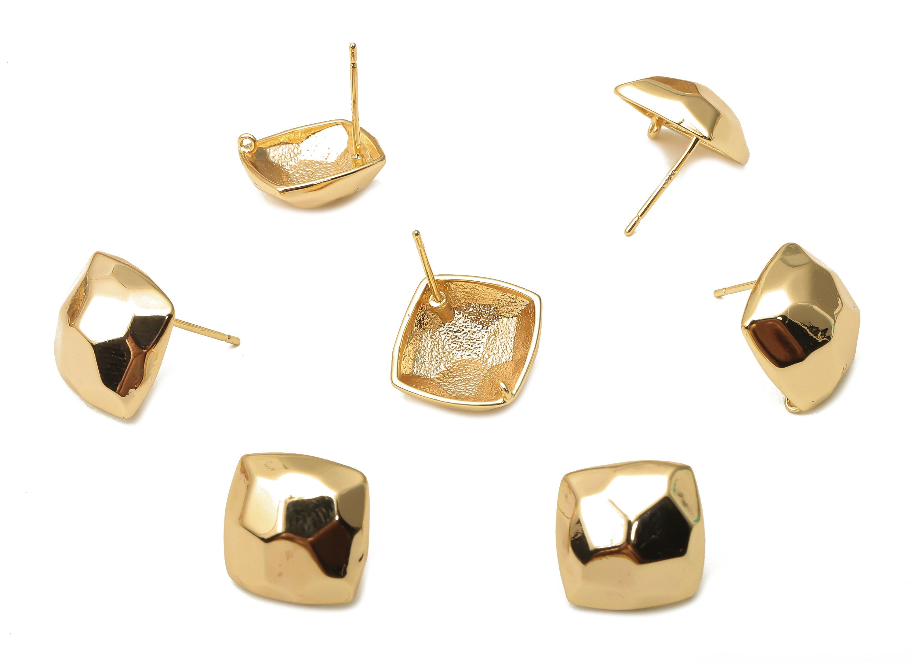 Brass Square Earrings Posts - Faceted Square Earring With Loop - 925 Silver Stud - 18K Real Gold Plated Brass - 16.02x15.5x0.94mm - RGP5066 - DOMEDBAZAAR