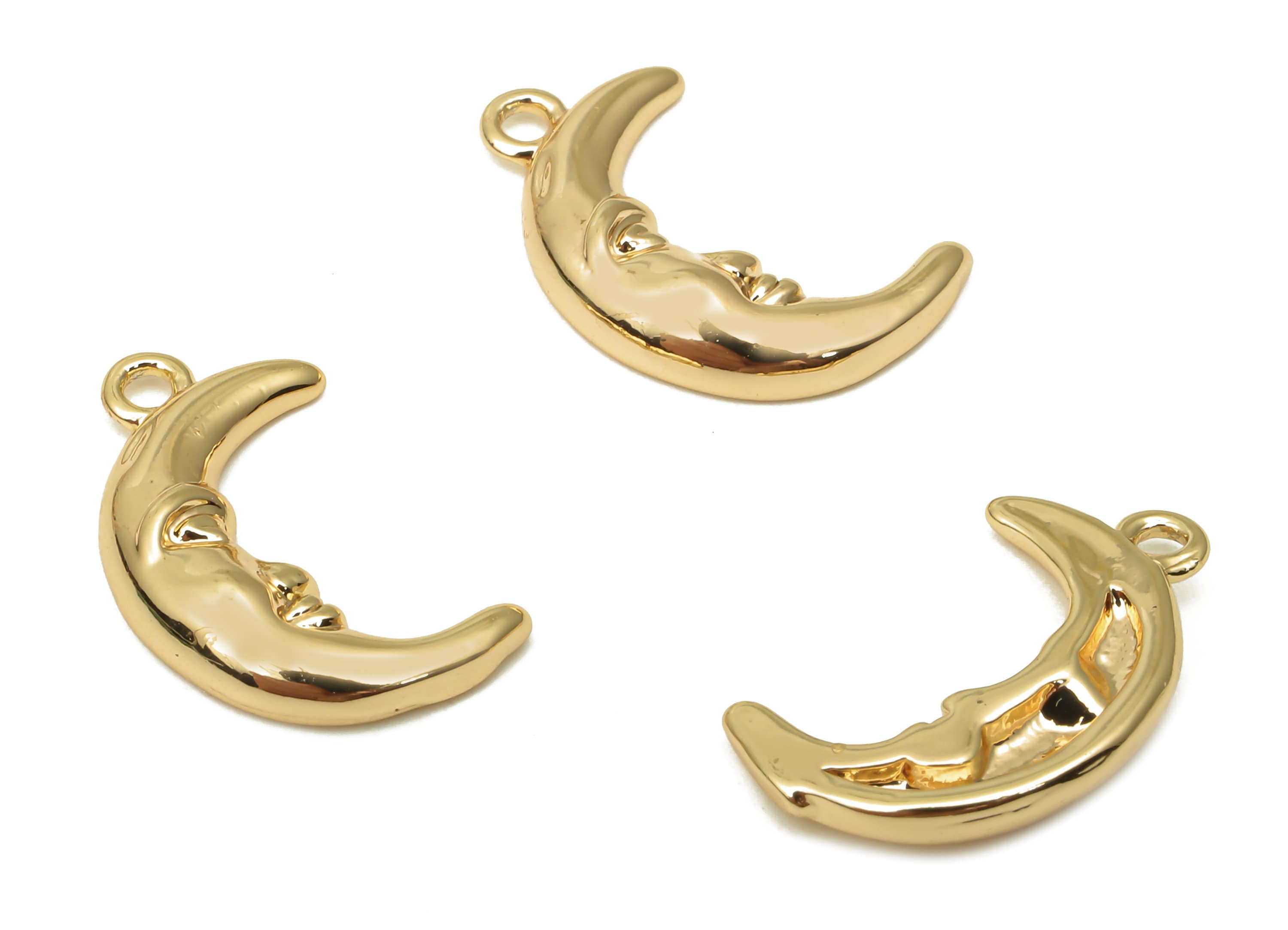 Brass Crescent Moon Face Earrings Charm - Brass Face Pendant - Brass Earrings - 18K Real Gold Plated Brass - 14.98x19.24x2.69mm - RGP5079 - DOMEDBAZAAR