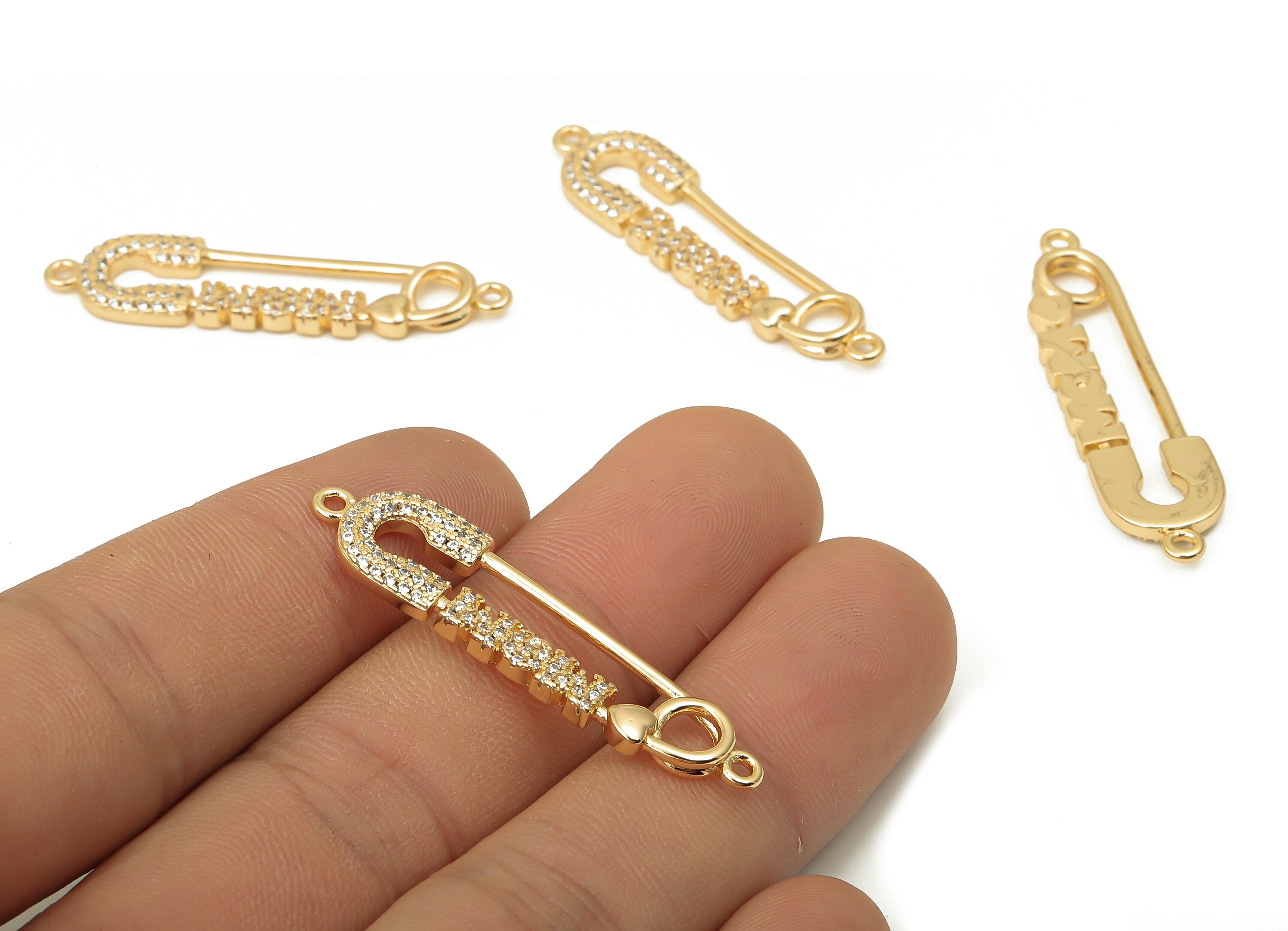 Brass Safety Pin Connectors With Zircons - Brass Pin Earrings - Brass connectors - 18K Real Gold Plated Brass - 40.6x10.25x2.23mm - RGP5082 - DOMEDBAZAAR