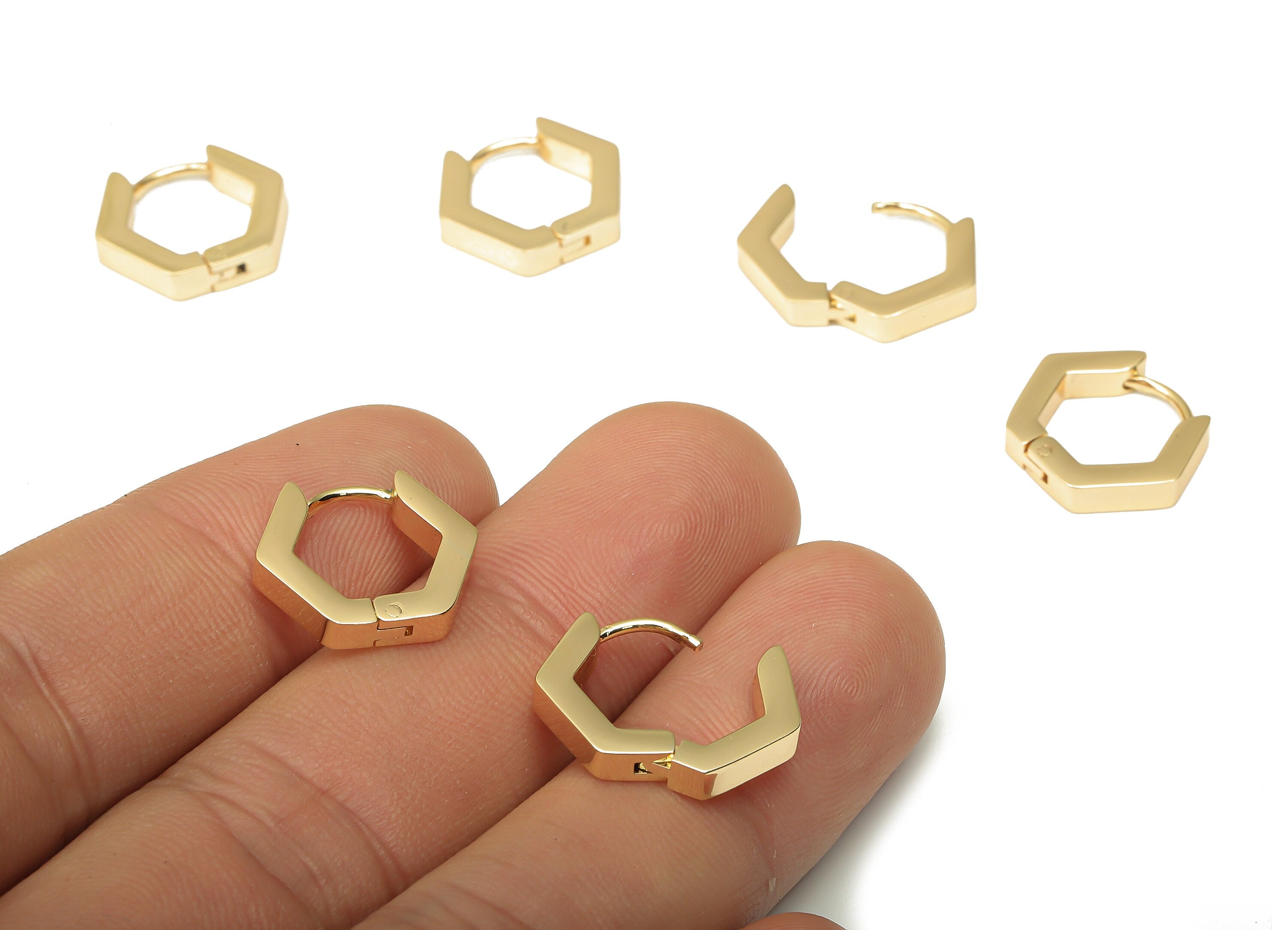 Brass Pentagon Earrings Clasp - Brass Geometric Thick Hexagon Hoop Earring - 18K Real Gold Plated Brass - 15.88x13.5x2.84mm - RGP5086 - DOMEDBAZAAR