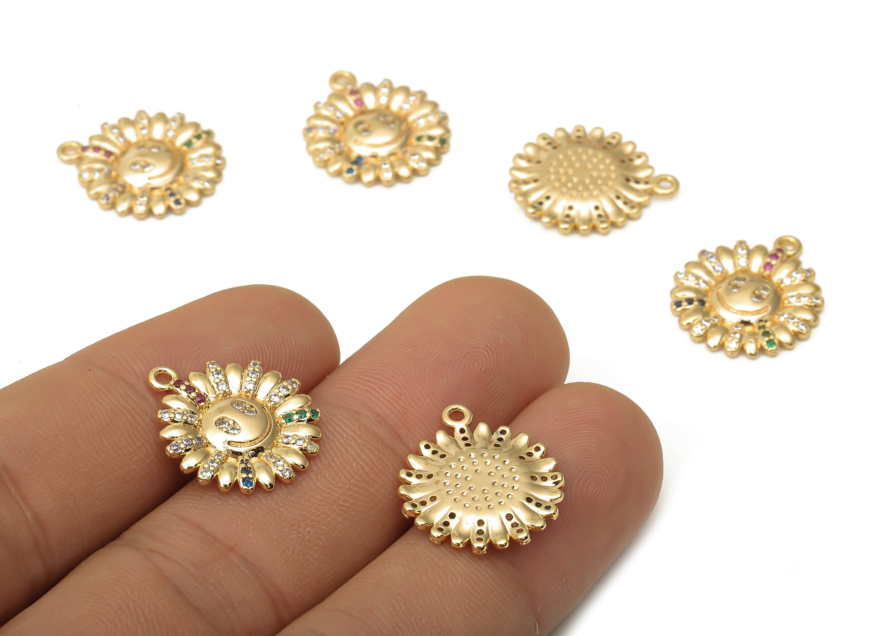 Brass Flower Happy Face Earrings Charms With Zircon - Brass Flower Smile Pendant - 18k Real Gold Plated Brass - 18.8x16.29x1.97mm - RGP5087 - DOMEDBAZAAR