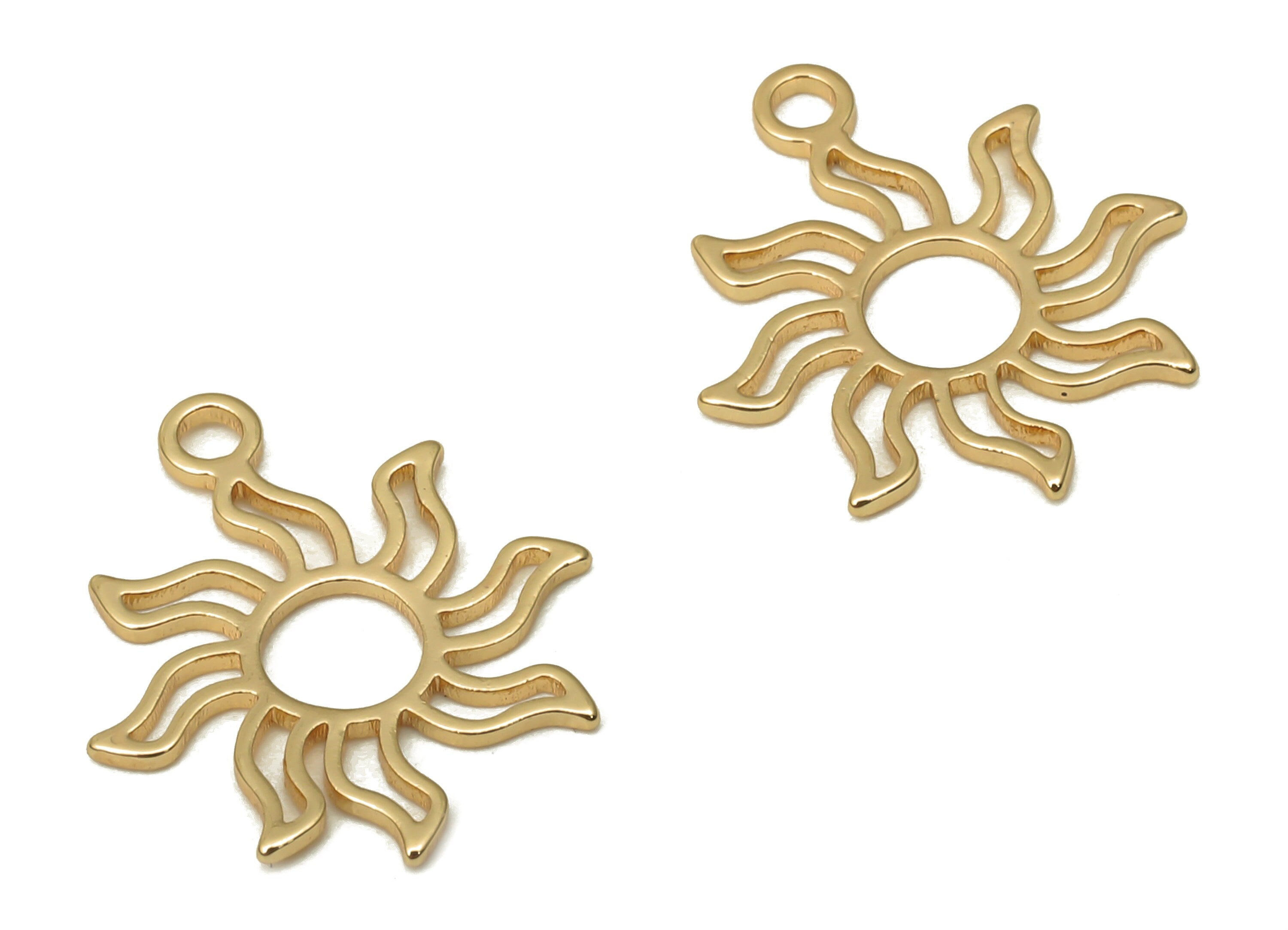 Brass Sunflower Earrings Charms - Bras Sun Pendant - Brass Flower Earrings - 18K Real Gold Plated Brass - 14.86x12.04x0.62mm - RGP5097 - DOMEDBAZAAR