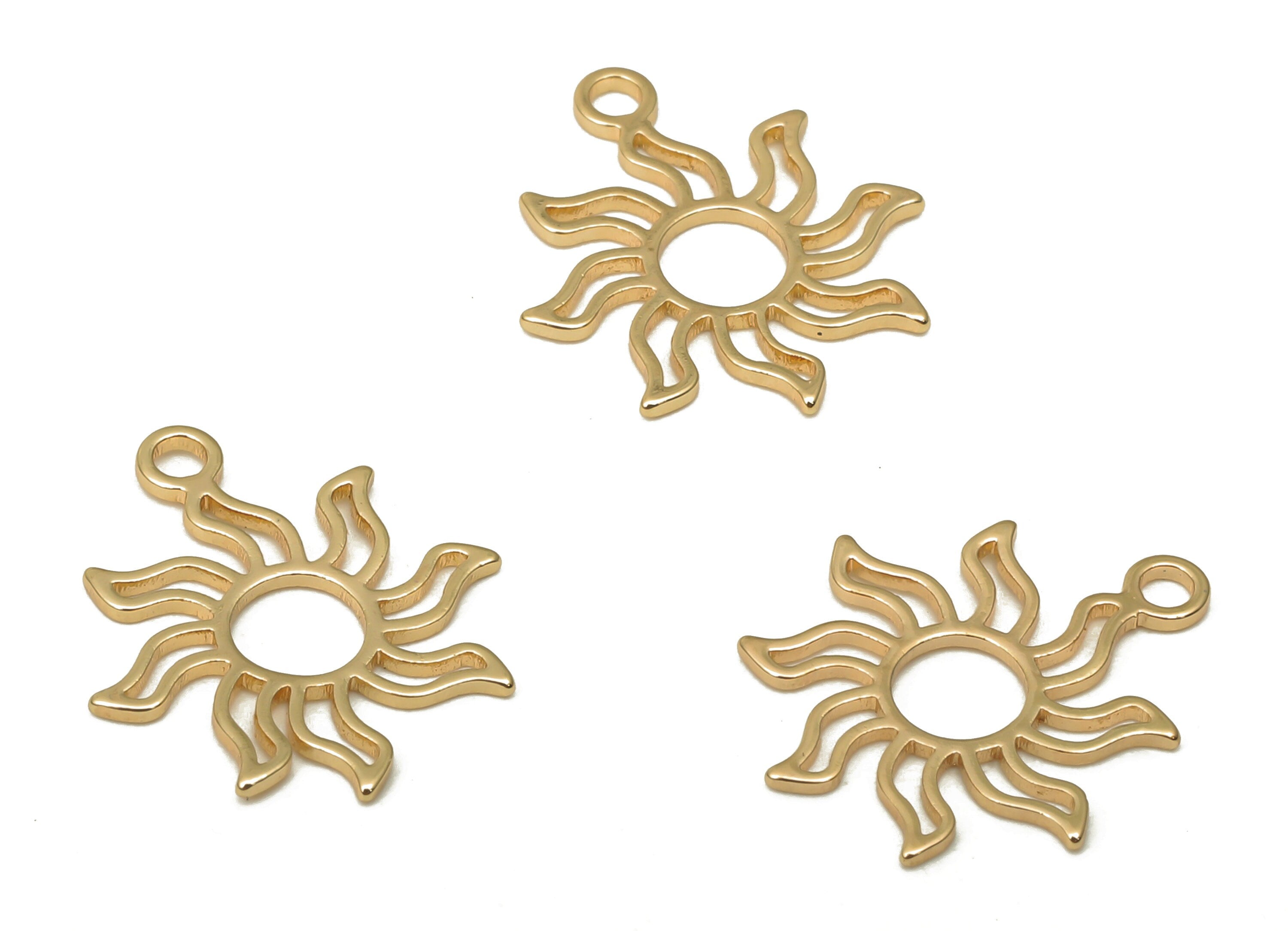 Brass Sunflower Earrings Charms - Bras Sun Pendant - Brass Flower Earrings - 18K Real Gold Plated Brass - 14.86x12.04x0.62mm - RGP5097 - DOMEDBAZAAR