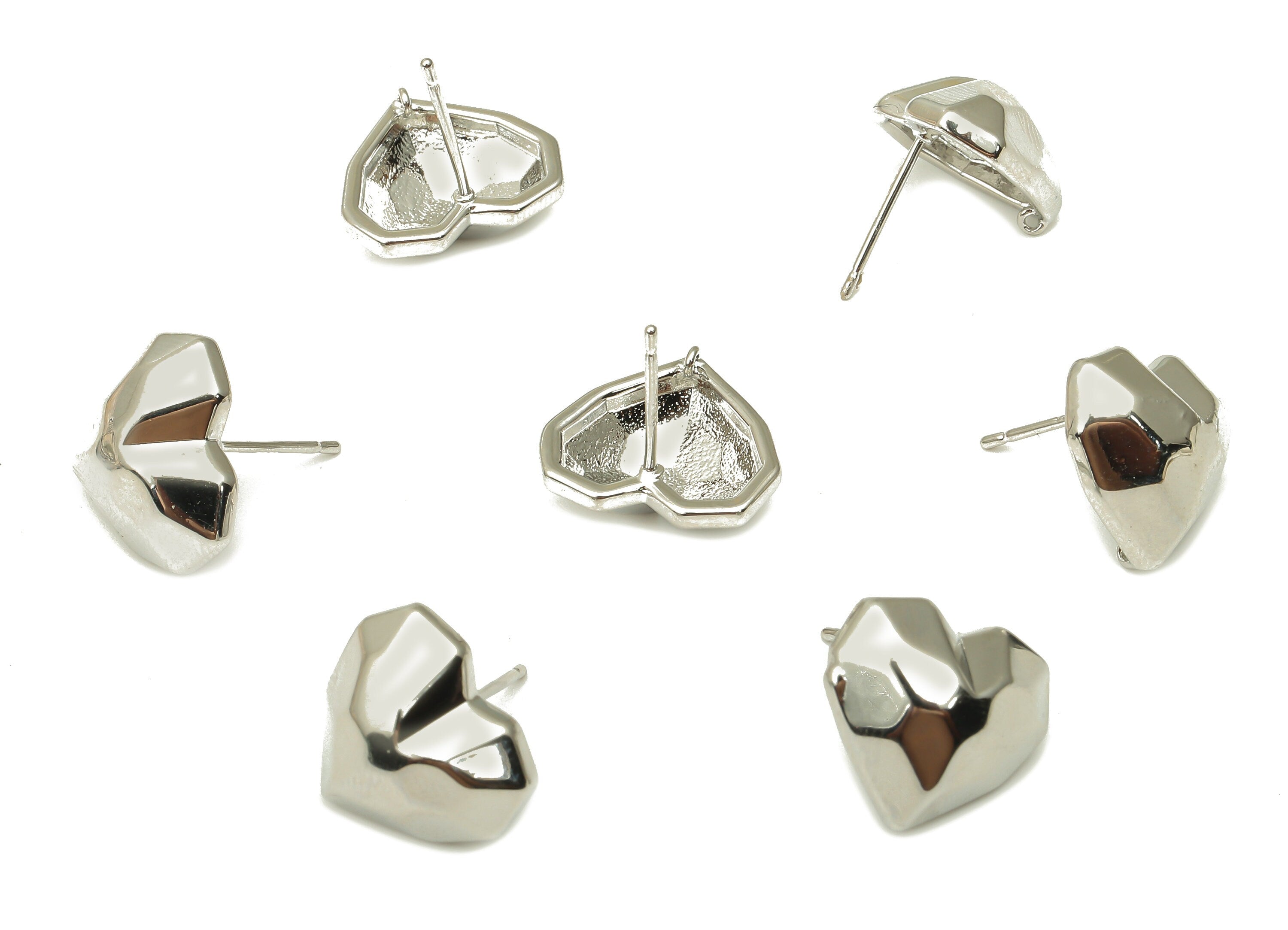 Brass Heart Earring Posts - 925 Silver Stud -Brass Faceted Heart Earring Stud - 18K Real Gold White Plating -16.02x15.5x0.94mm - RGP5111S - DOMEDBAZAAR