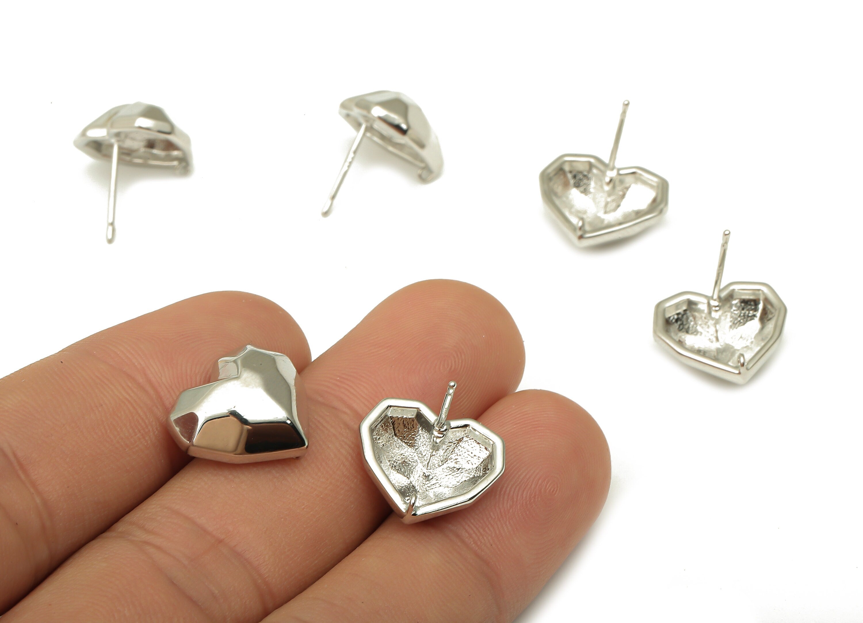 Brass Heart Earring Posts - 925 Silver Stud -Brass Faceted Heart Earring Stud - 18K Real Gold White Plating -16.02x15.5x0.94mm - RGP5111S - DOMEDBAZAAR
