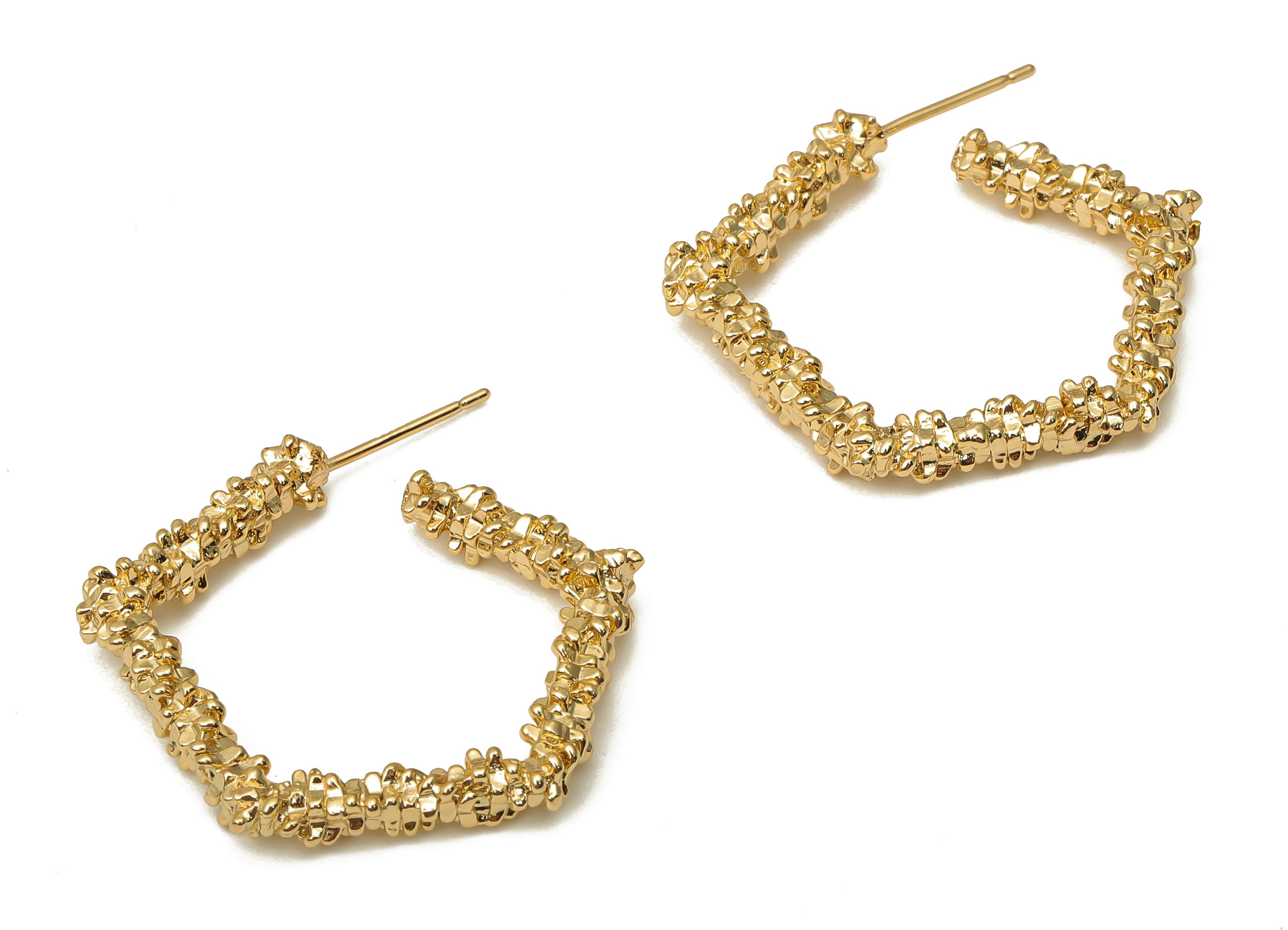 Brass Pentagon Earring Posts - Gold Hexagon Open Hoop Earring - 925 Silver Stud - 18K Real Gold Plating - 32.6x29.35x3.41mm - RGP5116 - DOMEDBAZAAR