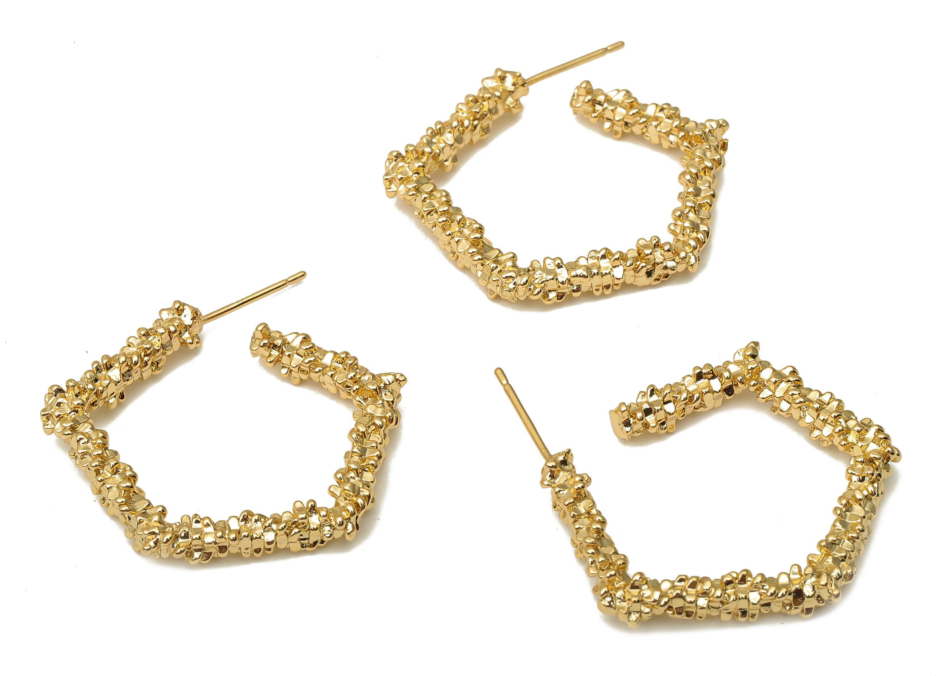 Brass Pentagon Earring Posts - Gold Hexagon Open Hoop Earring - 925 Silver Stud - 18K Real Gold Plating - 32.6x29.35x3.41mm - RGP5116 - DOMEDBAZAAR