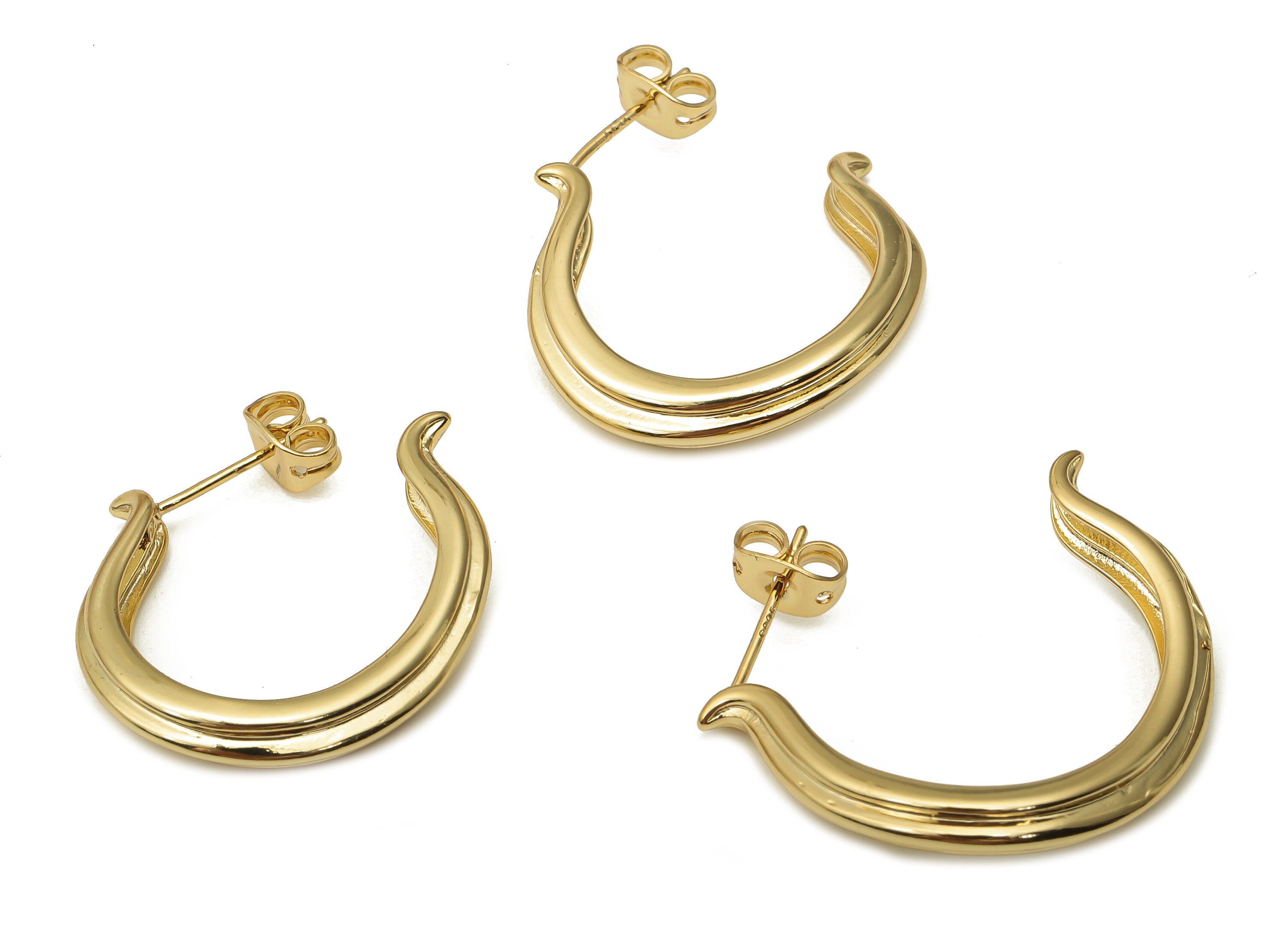 Brass Omega Sign Earring Posts - Brass C Stud - 925 Silver Stud - Brass C Posts - 18K Real Gold Plated Brass - 24.29x21.18x4.45mm - RGP5119 - DOMEDBAZAAR