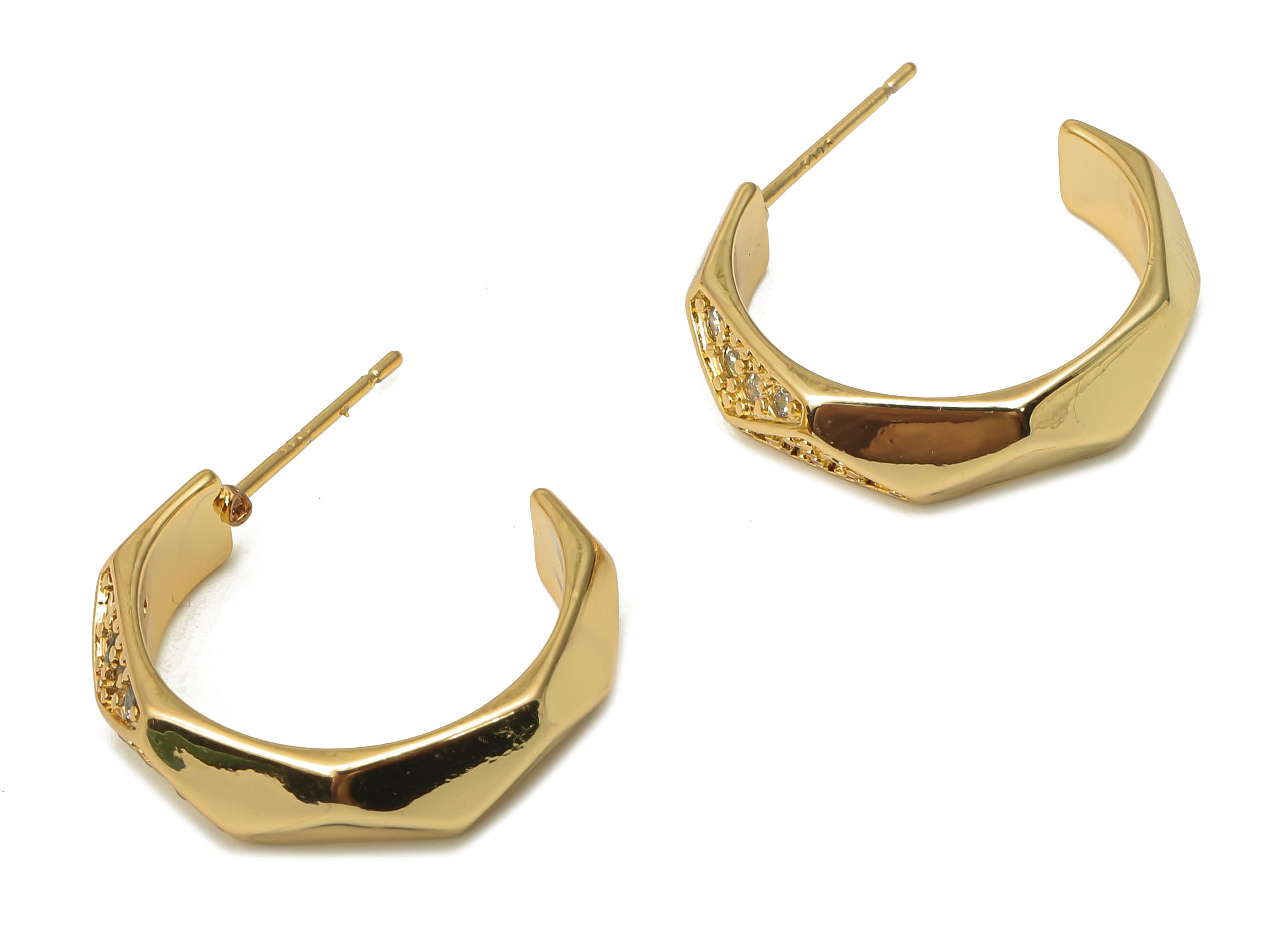 Brass C Earring Stud with Zircon - 925 Silver Stud - Faceted Open Hoop Earring Post - 18K Real Gold Plating - 21.4x17.63x2.05mm - RGP5123 - DOMEDBAZAAR