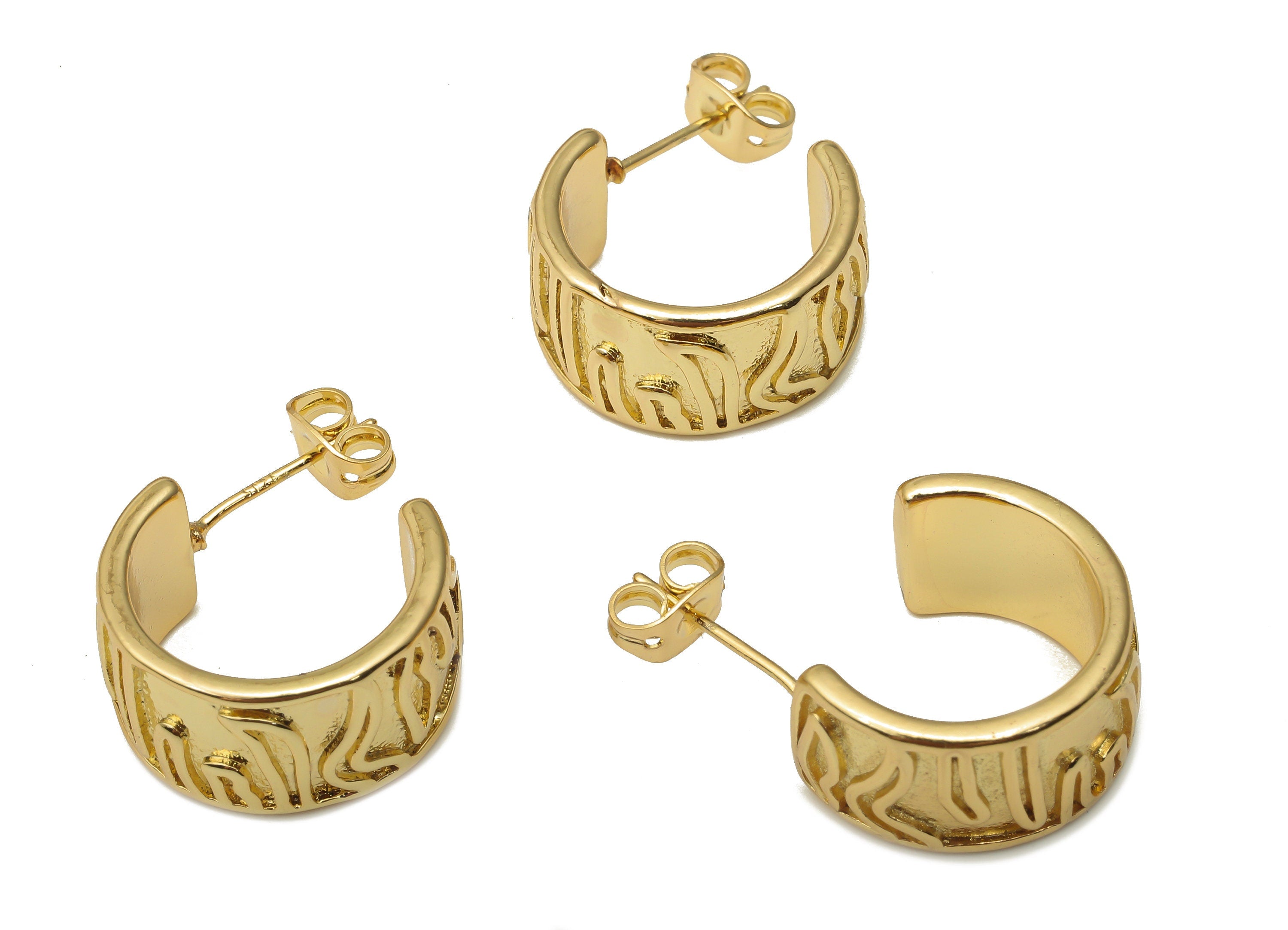 Brass Round Stud Earrings - Circle C Thick Open Hoop Earring Post - 925 Silver Stud - 18K Real Gold Plated Brass - 17.97x15.14x2mm - RGP5126 - DOMEDBAZAAR