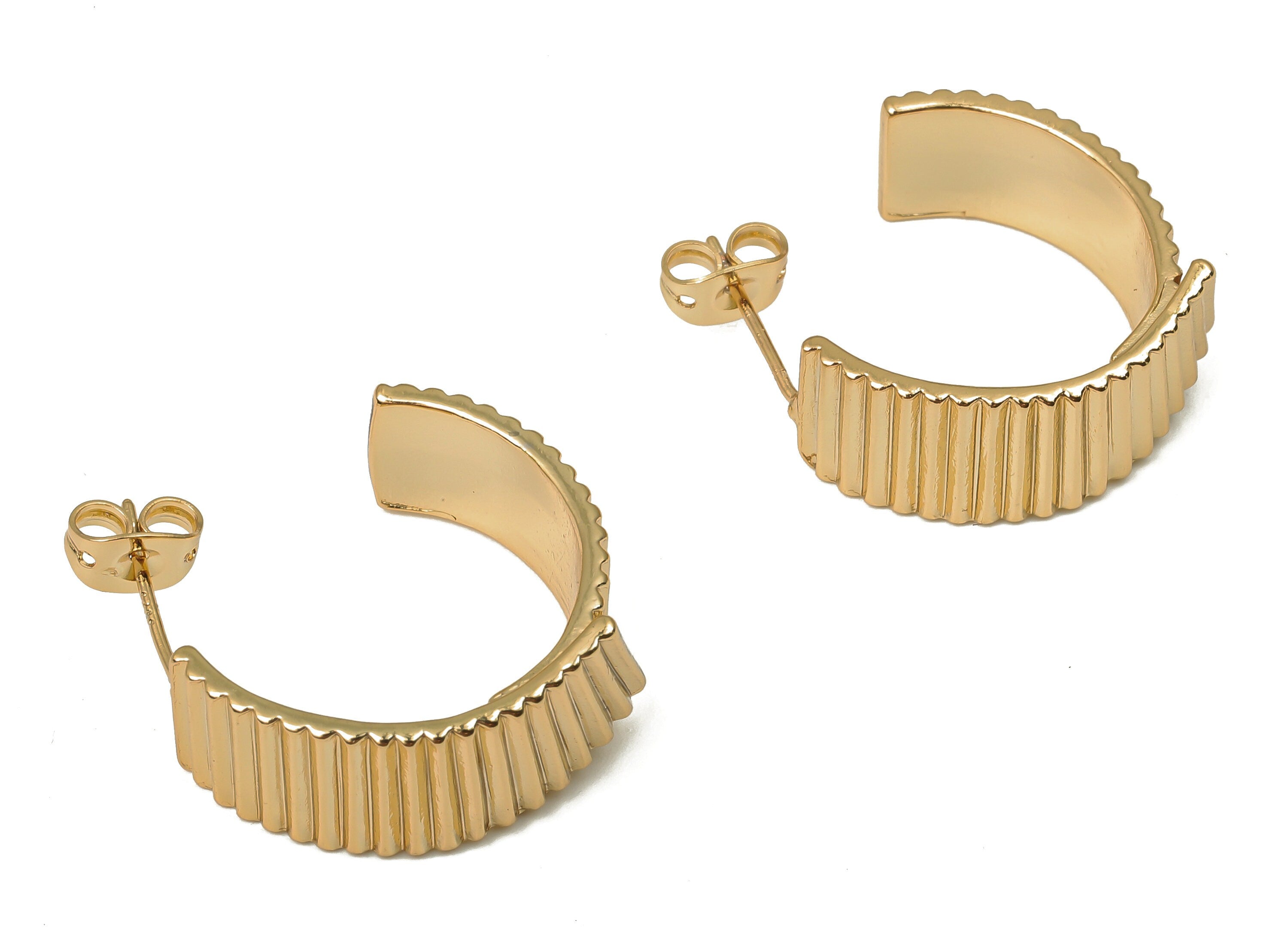 Brass Round Stud Earrings - C Circle Thick Open Hoop Earring Post - 925 Silver Stud - 18K Real Gold Plated Brass -21.1x18.8x1.47mm - RGP5127 - DOMEDBAZAAR