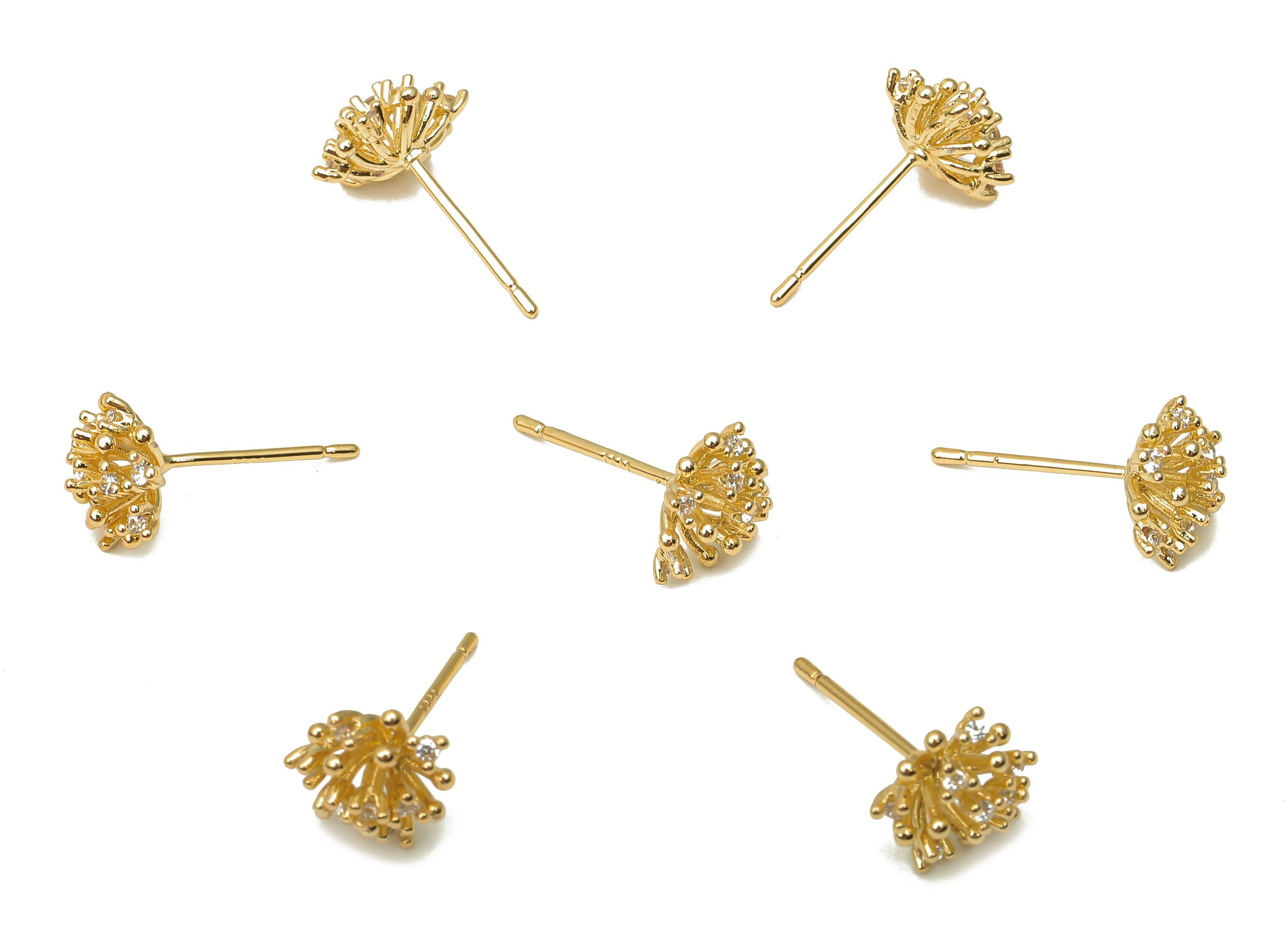 Brass Flower Earring Stud - Brass Long Flower Earring Post with Zircon - 925 Silver Stud - 18K Real Gold Plating - 9.86x9.86x5.4mm - RGP5139 - DOMEDBAZAAR