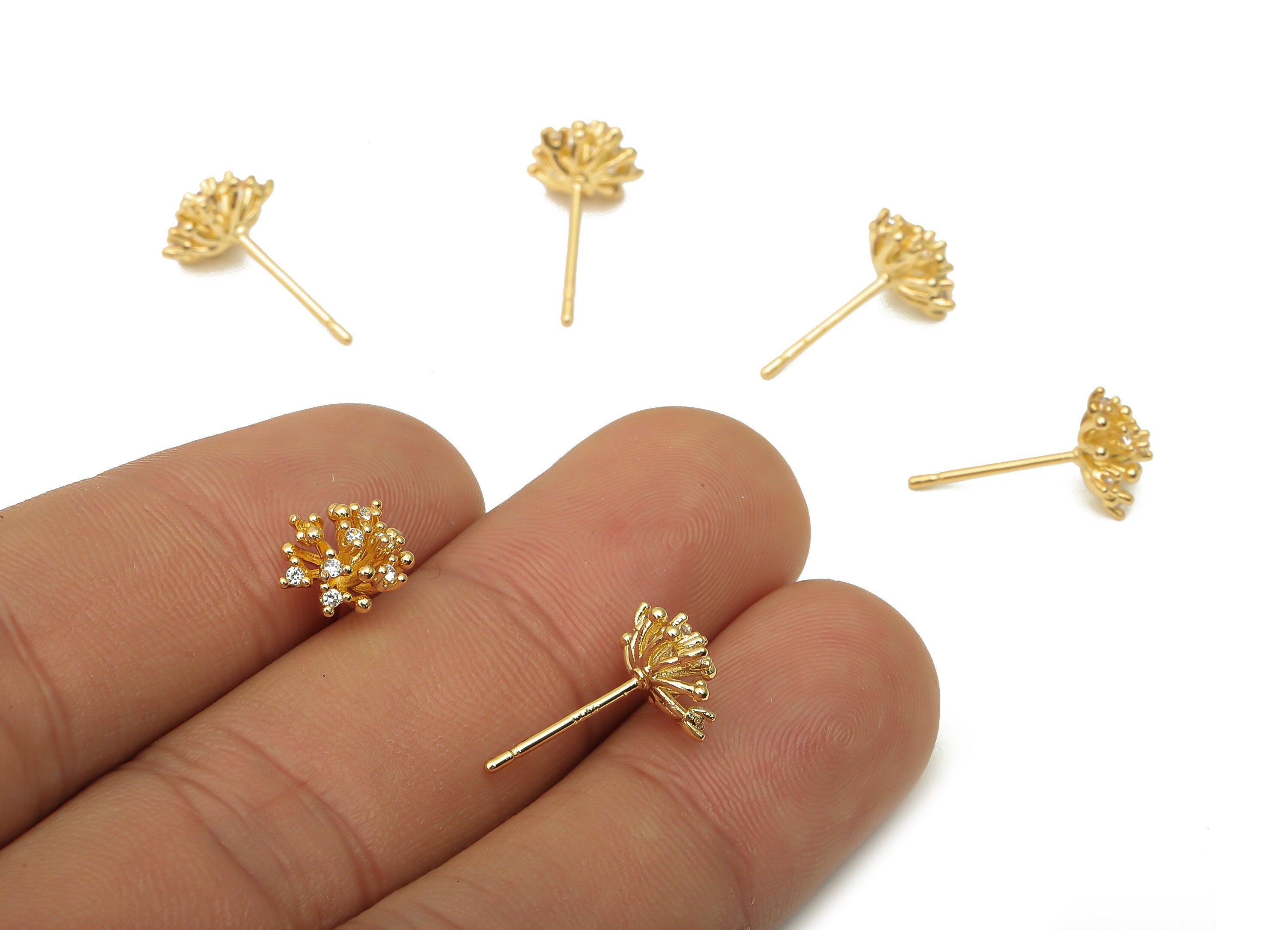 Brass Flower Earring Stud - Brass Long Flower Earring Post with Zircon - 925 Silver Stud - 18K Real Gold Plating - 9.86x9.86x5.4mm - RGP5139 - DOMEDBAZAAR