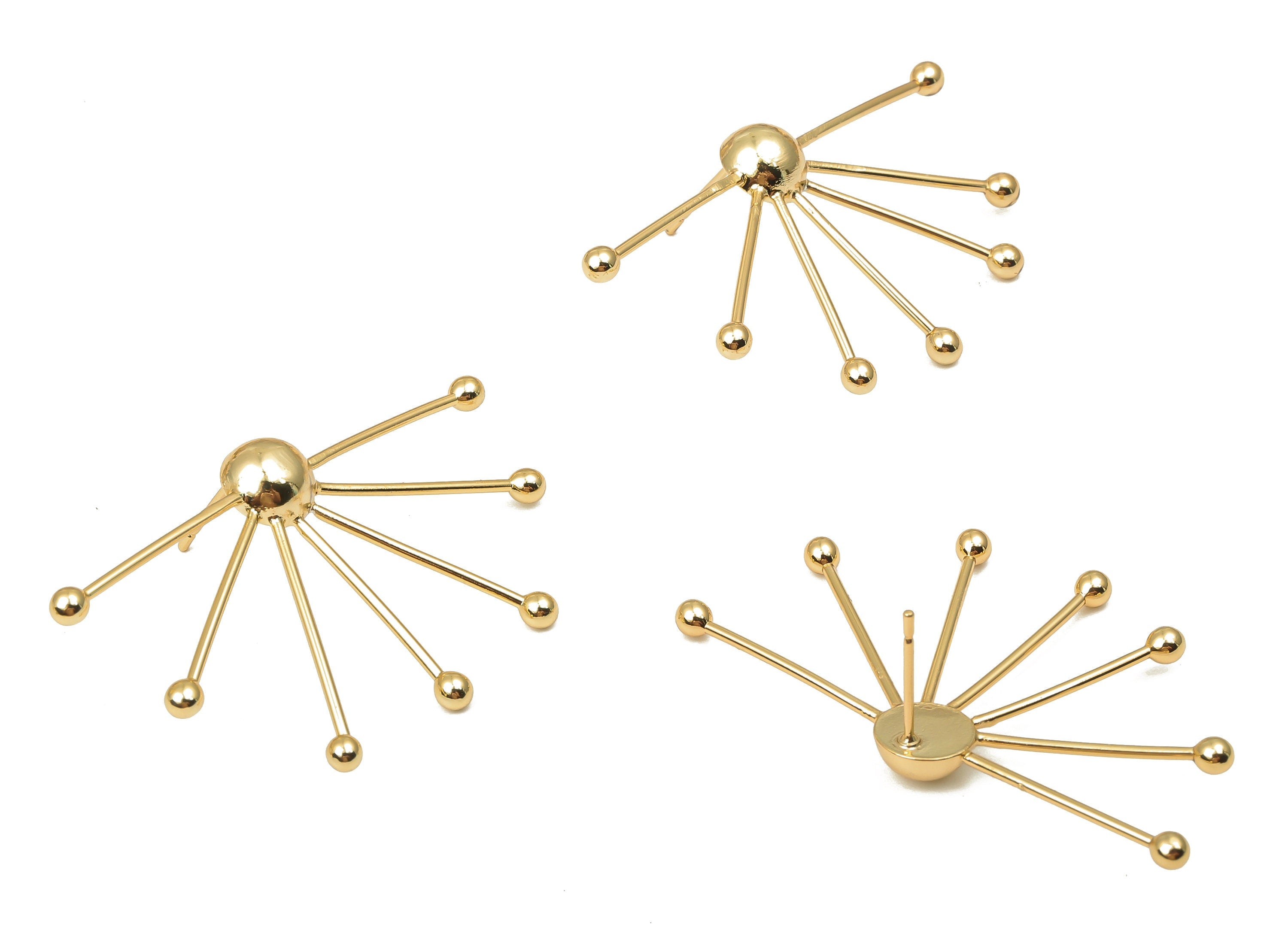 Brass Half Sun Earring Posts - Gold Wire Sun Earring Stud - 18K Real Gold Plated Brass - Ball Stud Earrings - 47.64x27.67x1.36mm - RGP5151 - DOMEDBAZAAR