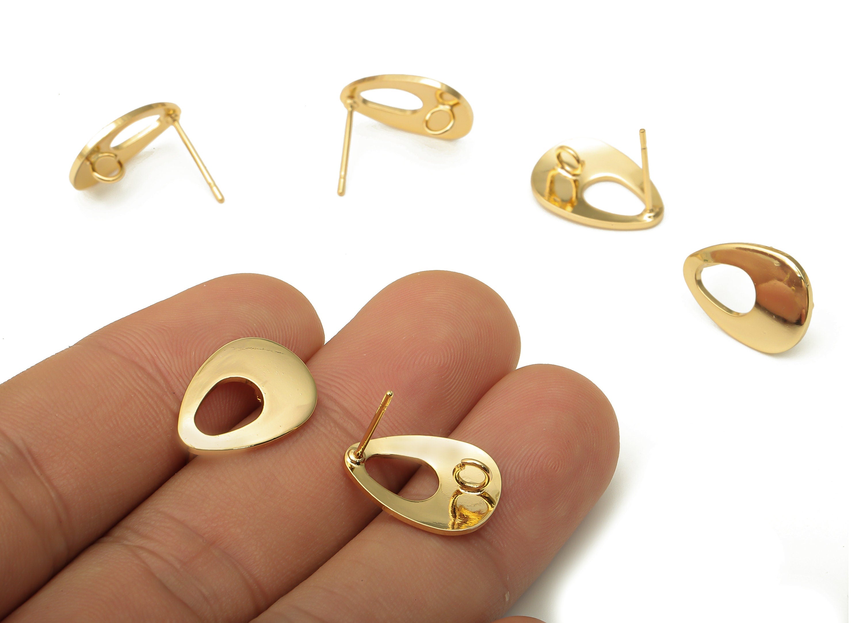 Brass Gold Drop Earring Posts - Teardrop Earring With Loop - Stainless Steel Stud - 18K Real Gold Plated Brass - 16.6x12.06x1.07mm - RGP5153 - DOMEDBAZAAR