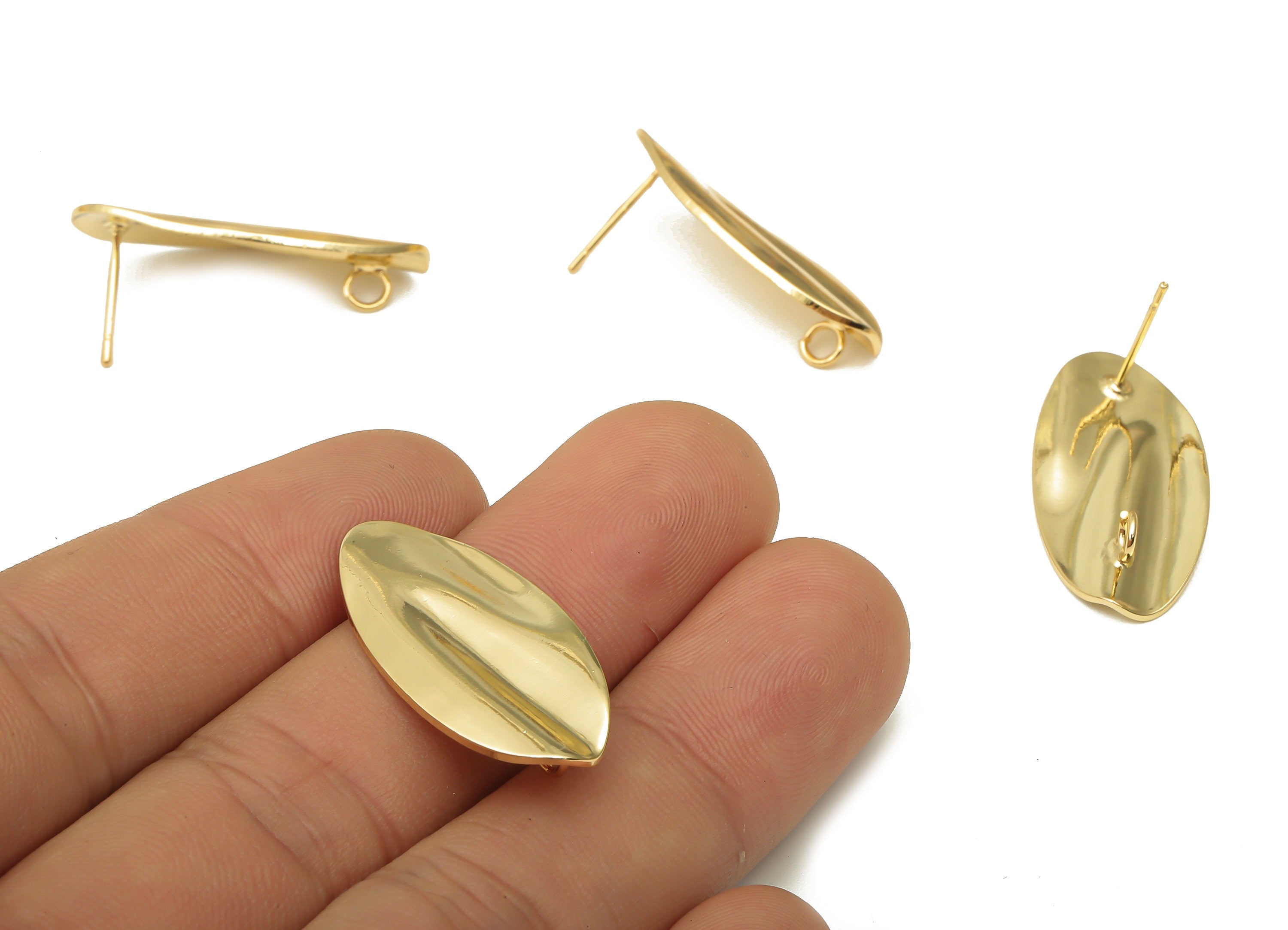 Brass Oval Wavy Earring Posts - Wave Oval Earring Studs - Stainless Steel Stud - 18K Real Gold Plated - 30.09x14.15x1.35mm - RGP5164 - DOMEDBAZAAR