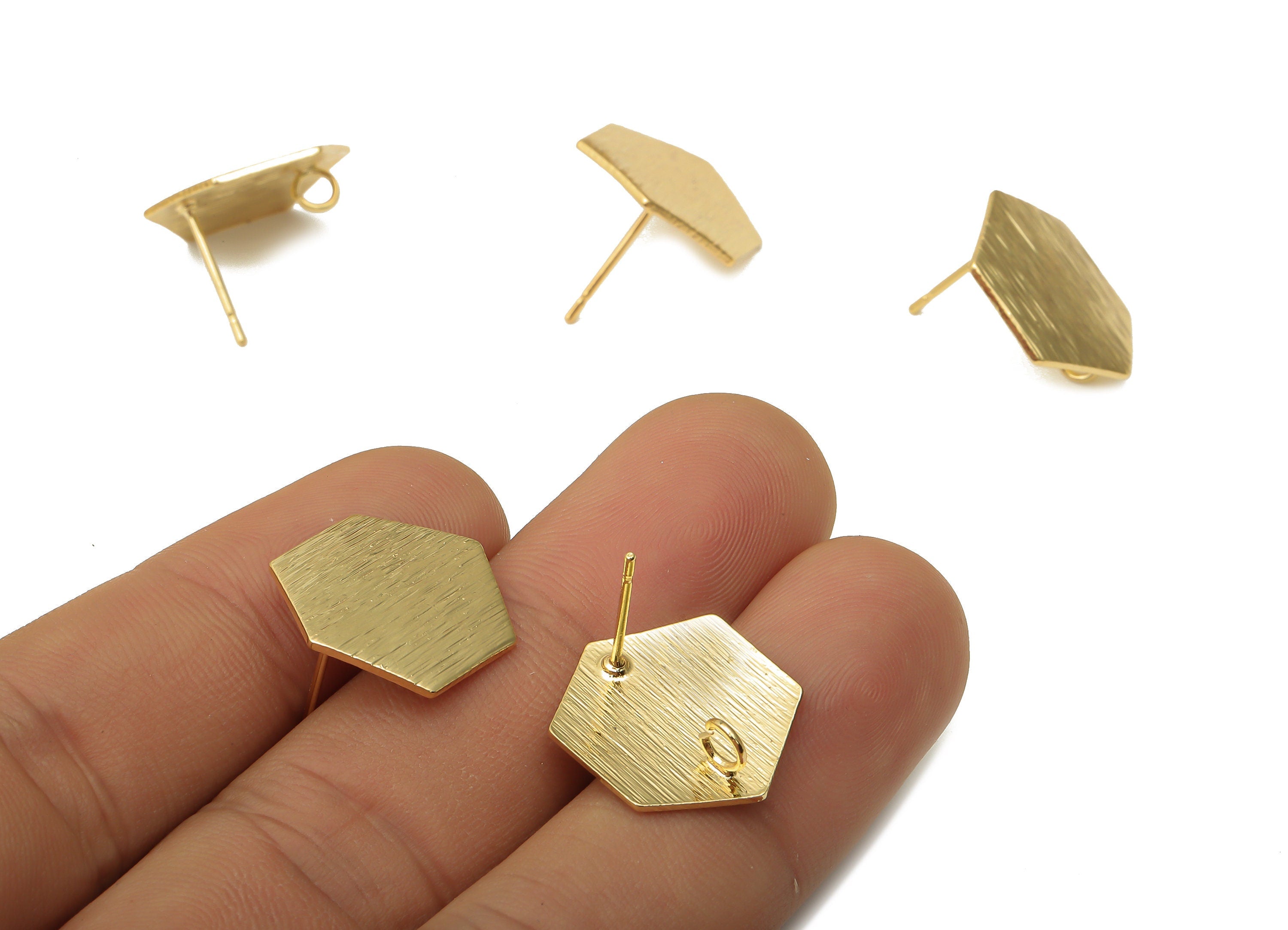 Brass Wave Hexagon Earring Post - Textured Wavy With Loop Stud - Stainless Steel Stud - 18K Real Gold Plating - 16.21x16.21x0.8mm - RGP5165 - DOMEDBAZAAR