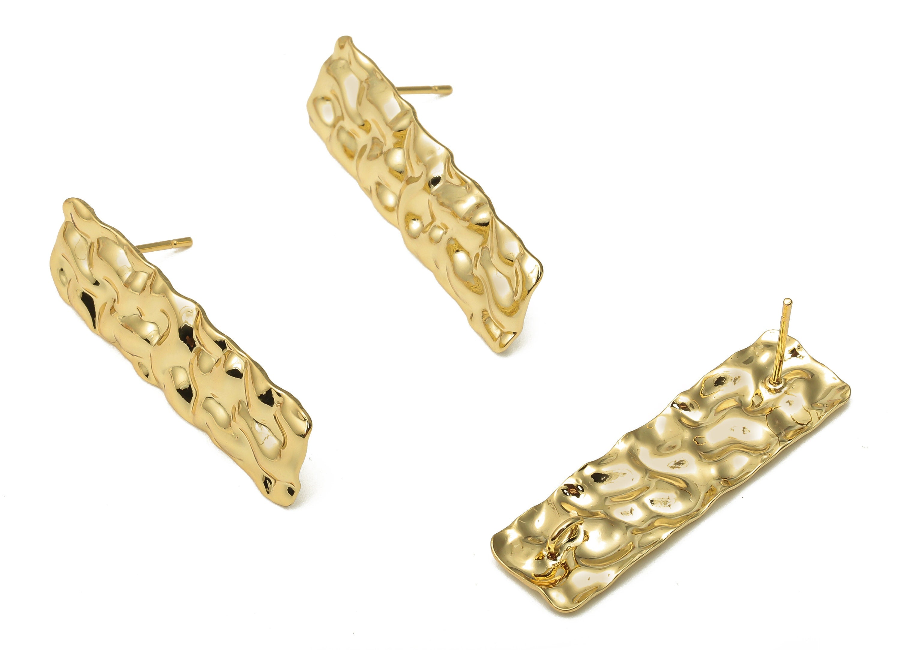 Brass Wavy Long Bar Earring With Loop Post - Long Rectangle Stud - Stainless Steel Stud - 18K Real Gold Plating - 35.1x10.14x1.1mm - RGP5169 - DOMEDBAZAAR