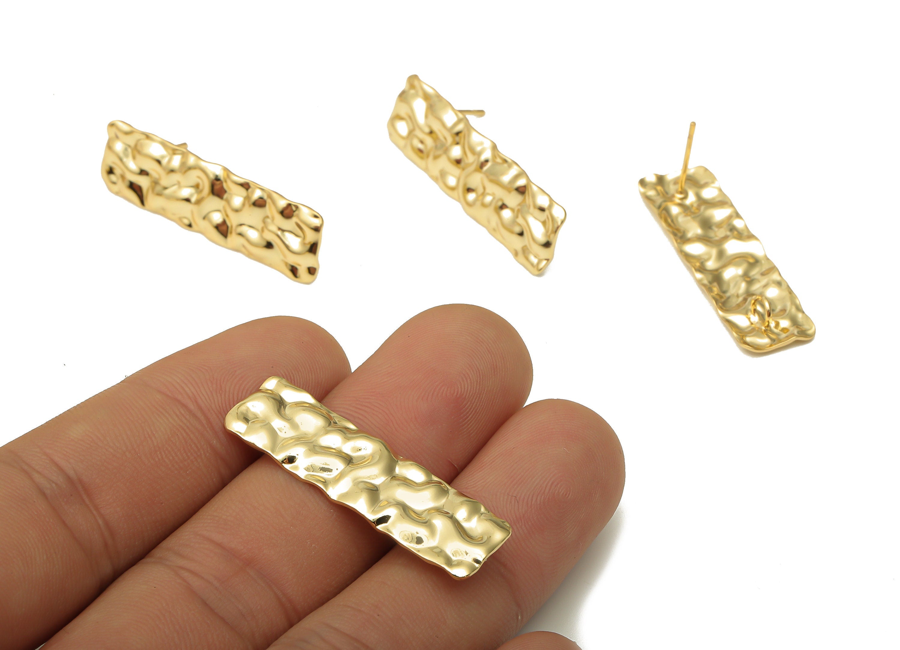 Brass Wavy Long Bar Earring With Loop Post - Long Rectangle Stud - Stainless Steel Stud - 18K Real Gold Plating - 35.1x10.14x1.1mm - RGP5169 - DOMEDBAZAAR