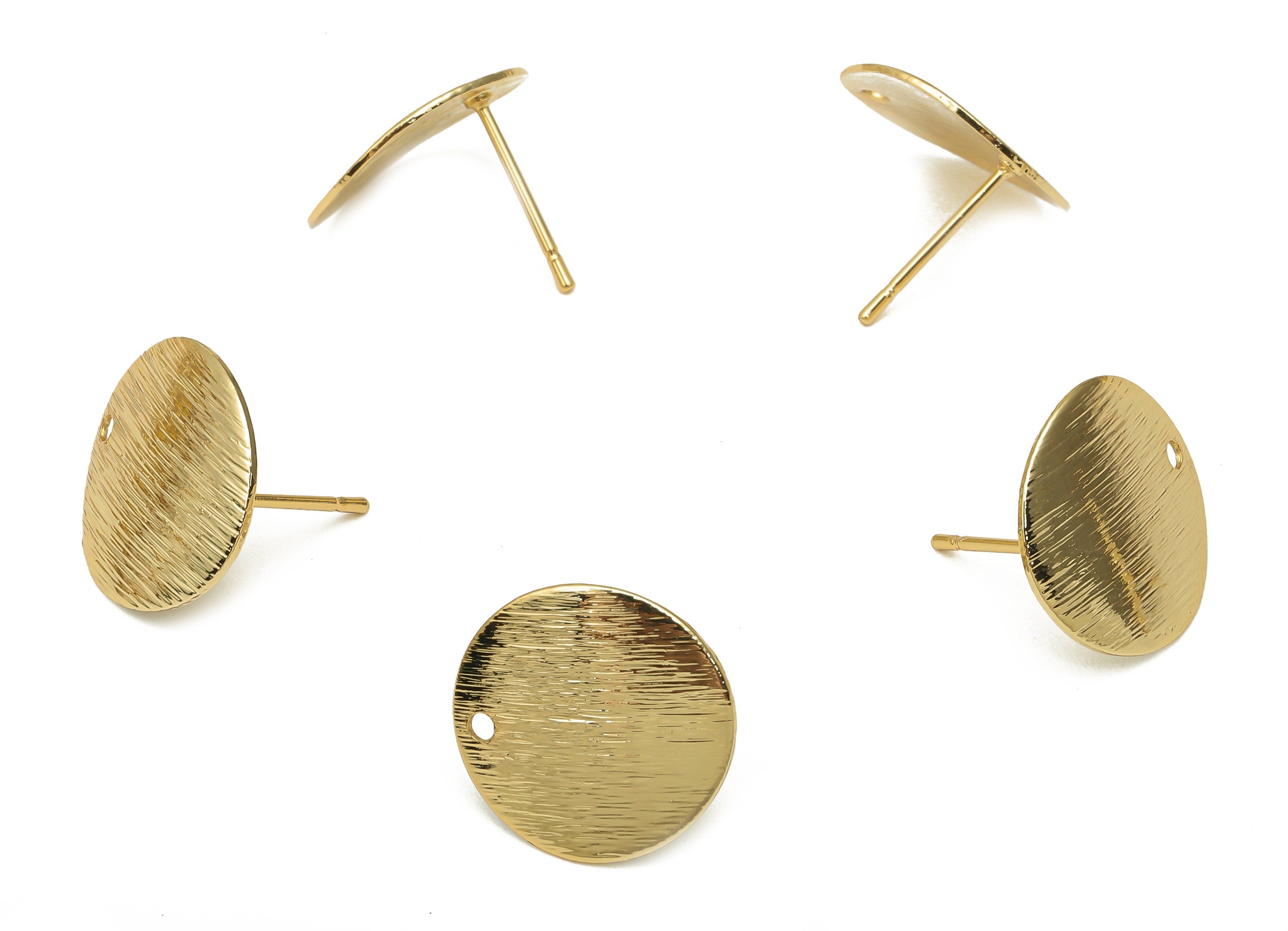 Brass Textured Round Earring Stud - Circle Earring Posts - Stainless Steel Stud - 18K Real Gold Plated Brass - 15.23x15.23x0.67mm -RGP5173 - DOMEDBAZAAR