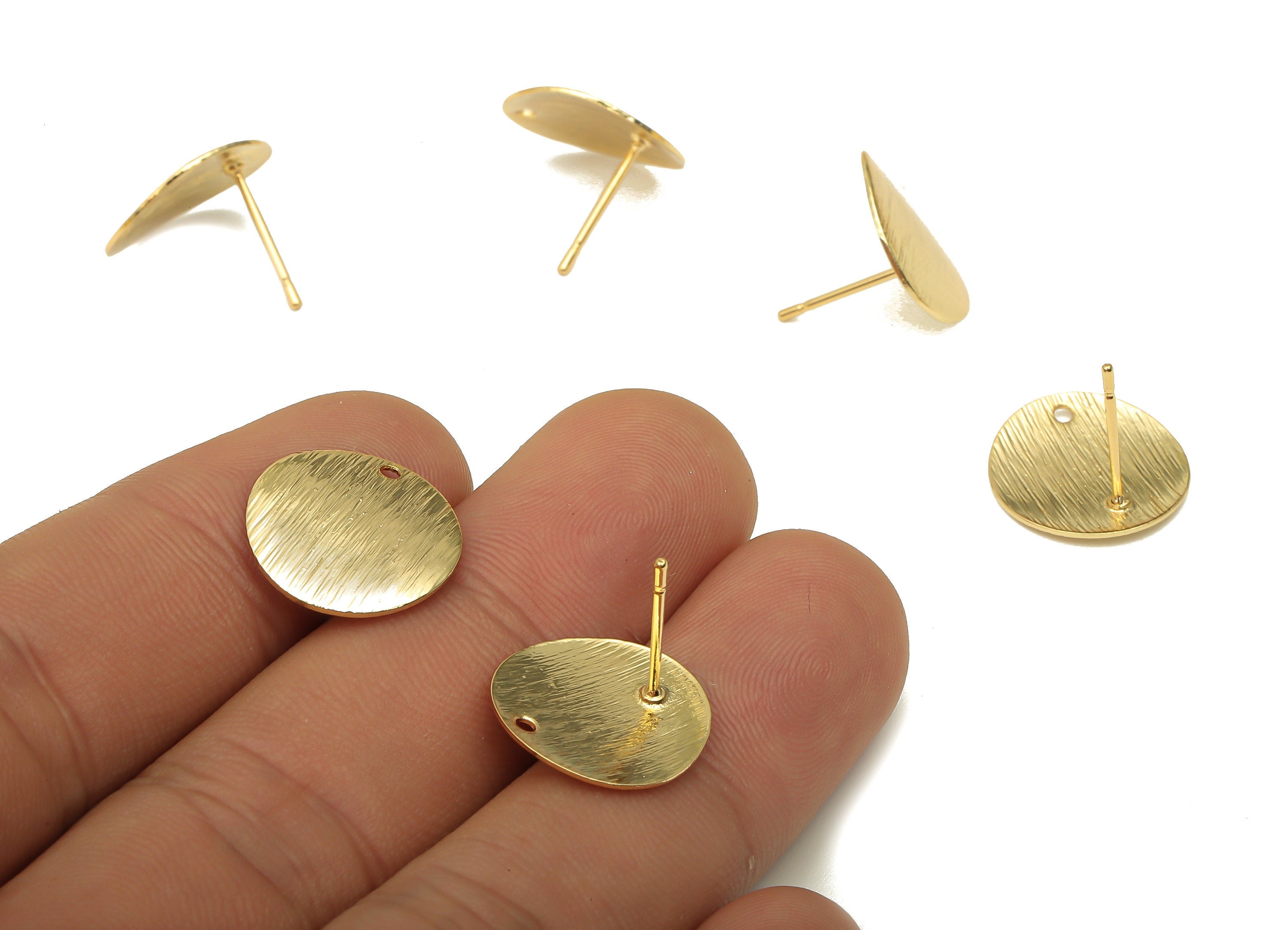 Brass Textured Round Earring Stud - Circle Earring Posts - Stainless Steel Stud - 18K Real Gold Plated Brass - 15.23x15.23x0.67mm -RGP5173 - DOMEDBAZAAR