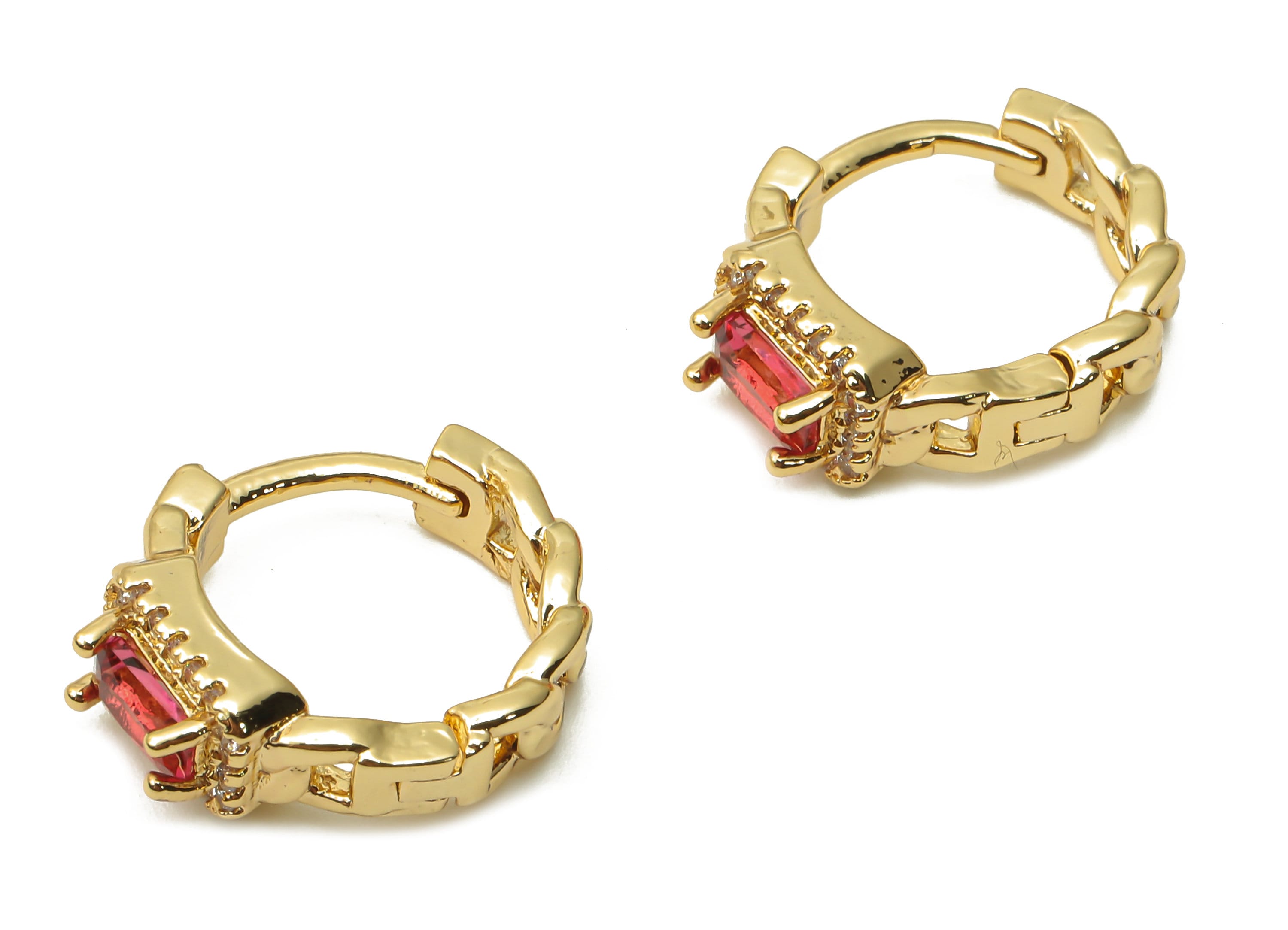 Brass Curb Chain Huggie Hoop Earrings - Brass Hoops with Zircons - Red Solitaire Ring Earring- 18K Real Gold Plated-16.21x13.7x3.3mm-RGP4989 - DOMEDBAZAAR