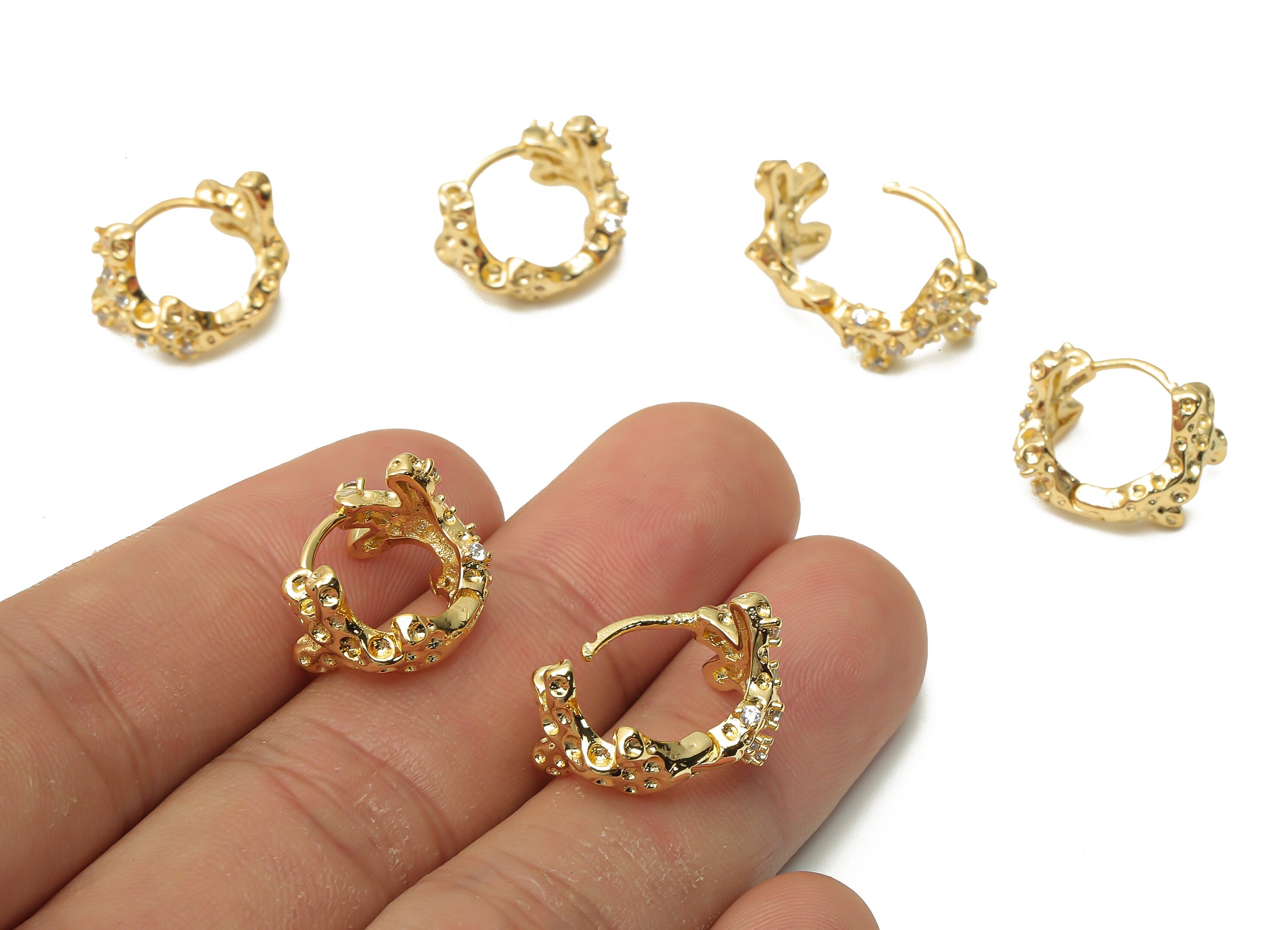 Brass Branch Huggie Hoop Earrings - Brass Textured Earrings - Geometric Hoop Earrings - 18K Real Gold Plated - 14.36x12.28x2.16mm -RGP4990 - DOMEDBAZAAR